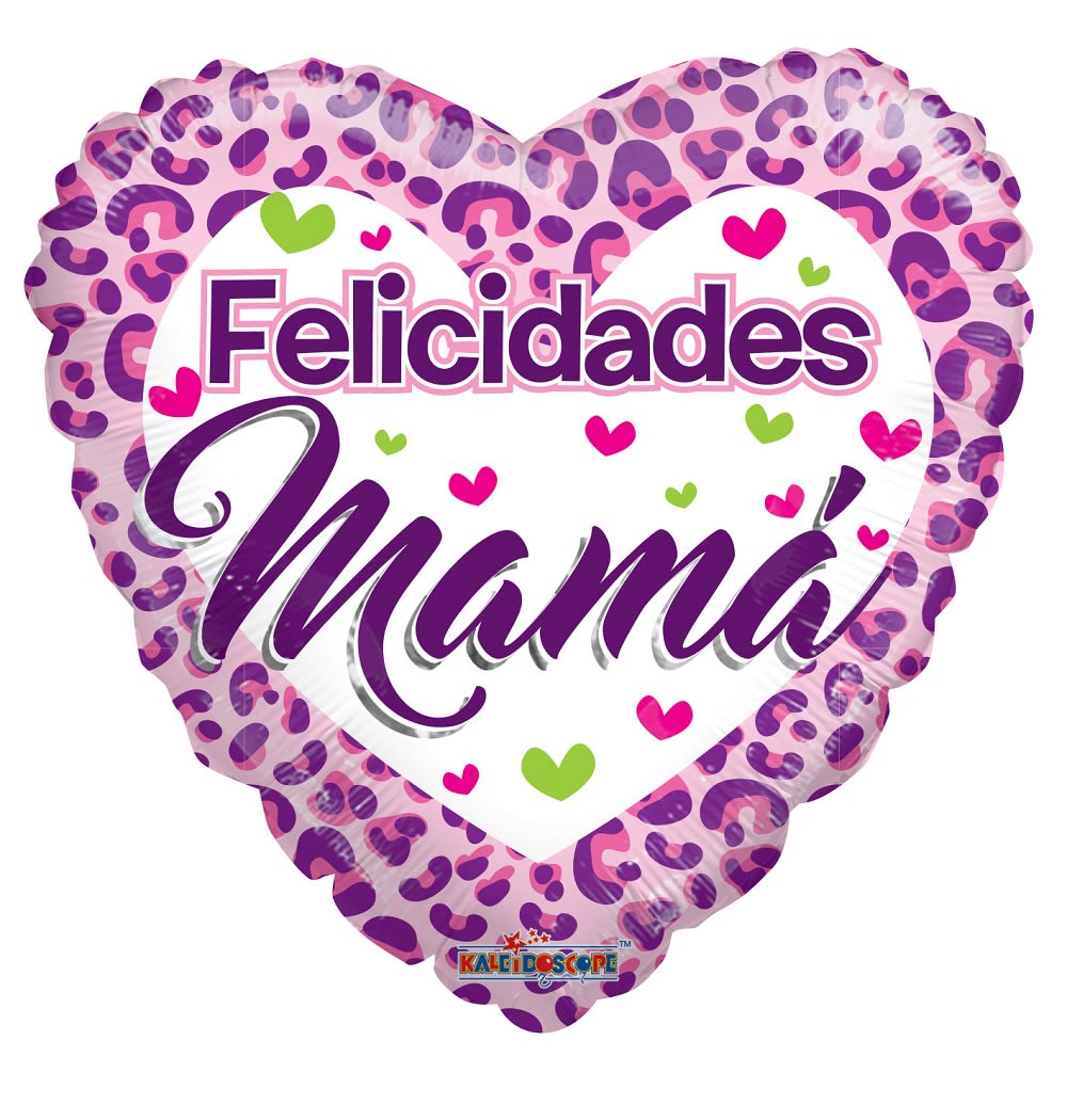 Heart-shaped balloon with "Felicidades Mamá" text and leopard print