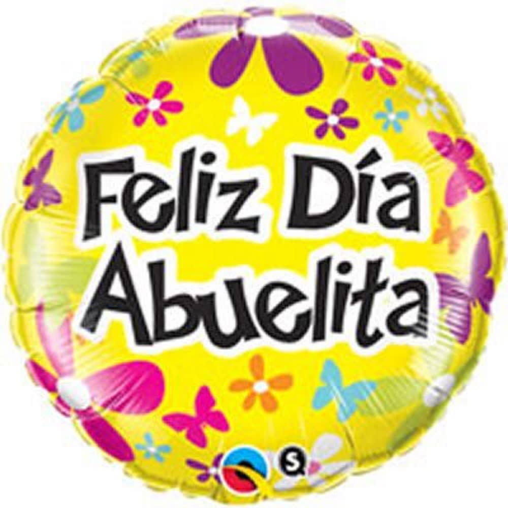 Yellow balloon with "Feliz Dia Abuelita" text and colorful butterfly and flower graphics