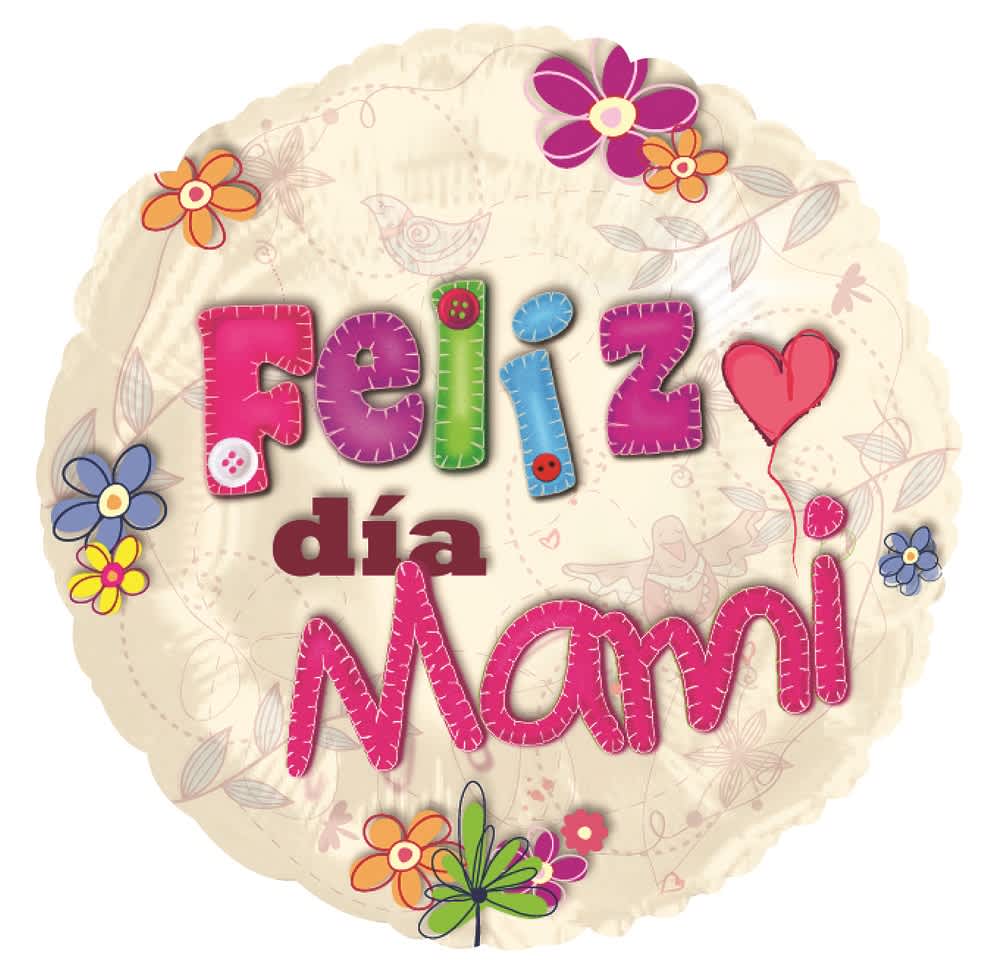 Round balloon with "Feliz día Mami" and colorful flower graphics