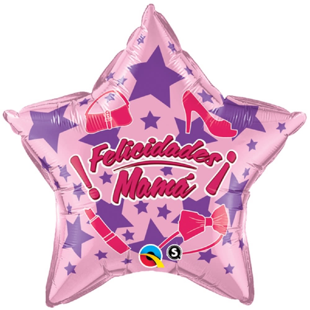 Pink star-shaped balloon with "Felicidades Mama" text