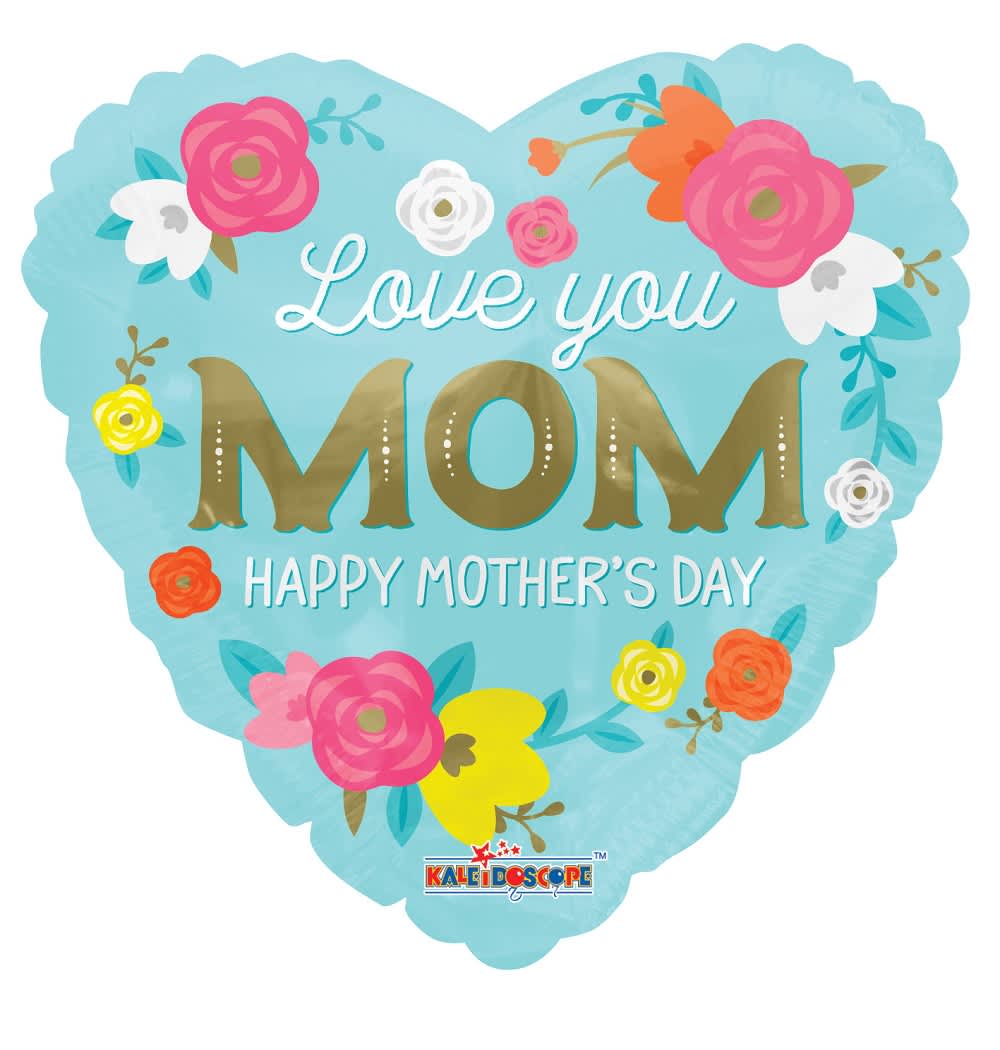 Heart-shaped Mother's Day balloon with floral graphics and "Love you MOM" text