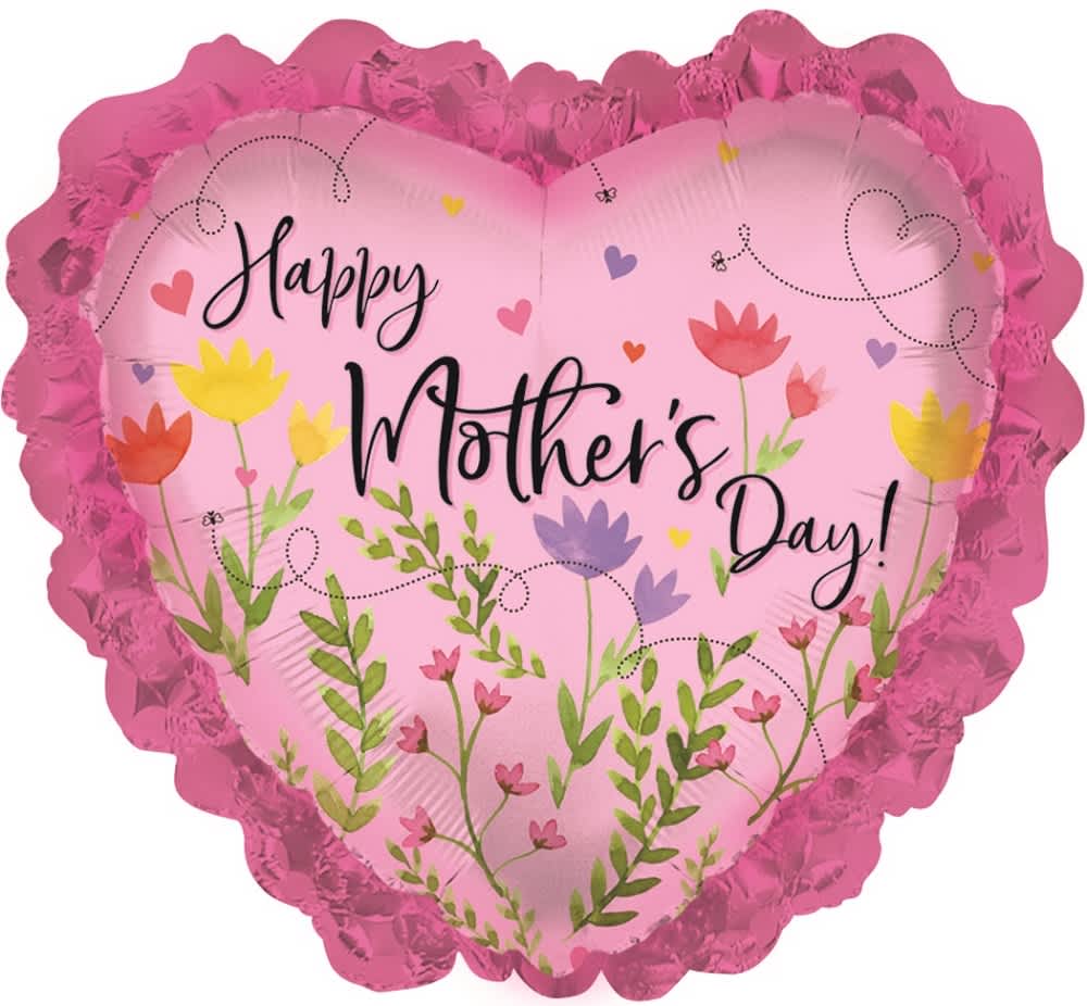 Heart-shaped pink balloon with "Happy Mother's Day" text and floral graphics
