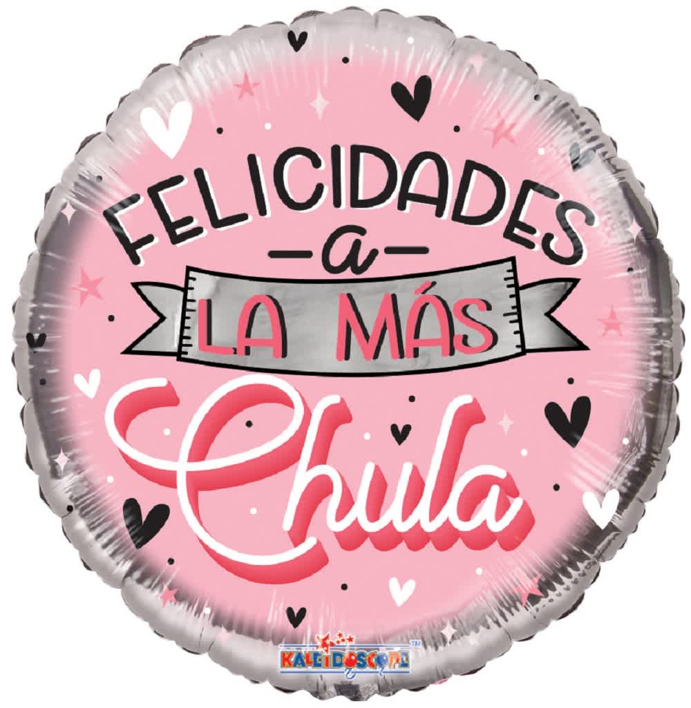 Pink round foil balloon with Spanish text and heart decorations