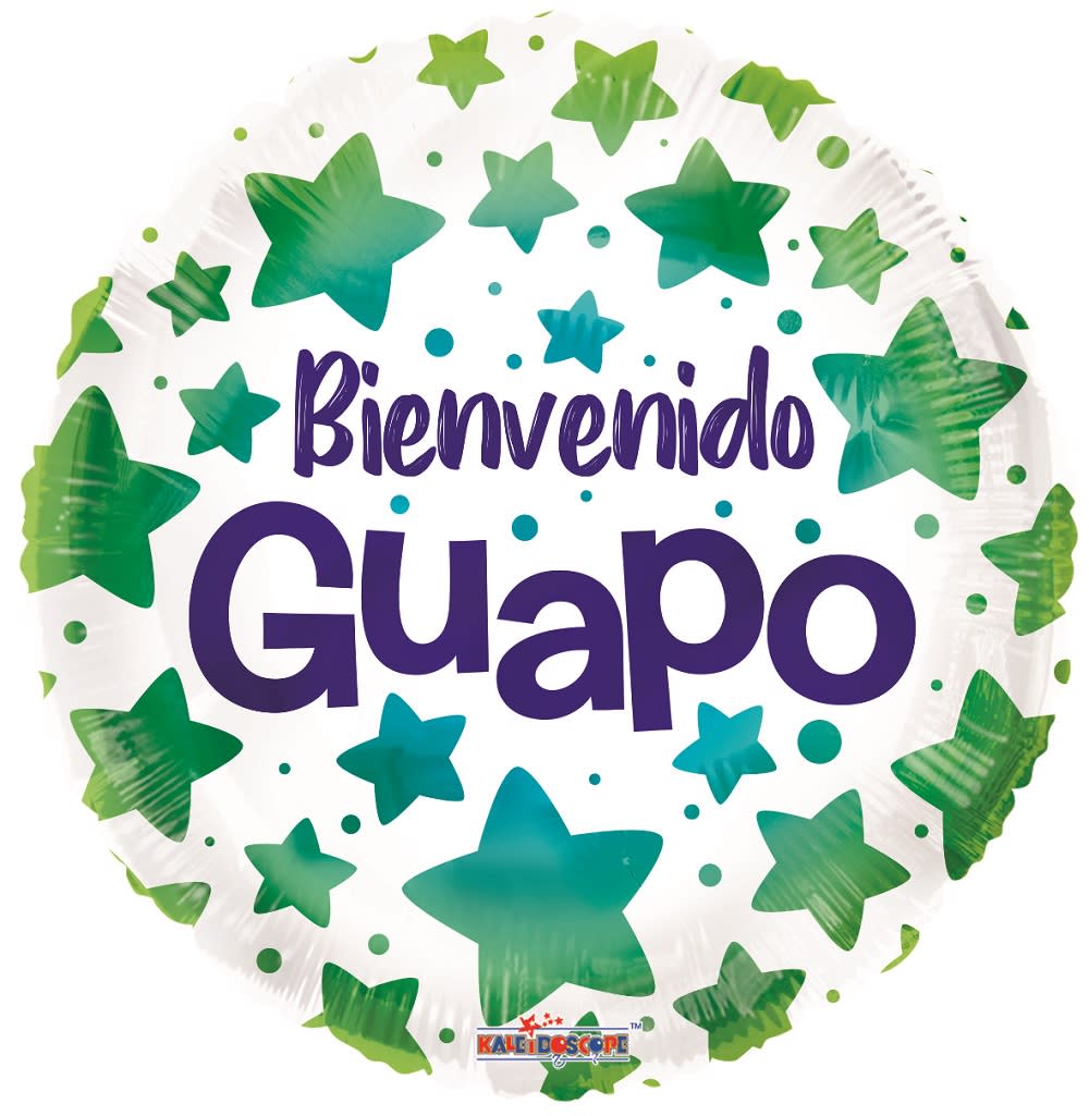 Round balloon with "Bienvenido Guapo" text and green star pattern