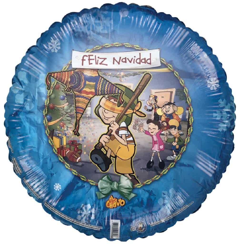 Round blue Christmas balloon with cartoon characters and "Feliz Navidad" text