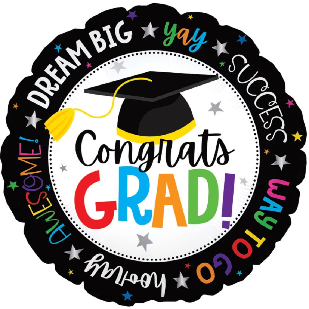 Round graduation balloon with a mortarboard and colorful congratulatory text