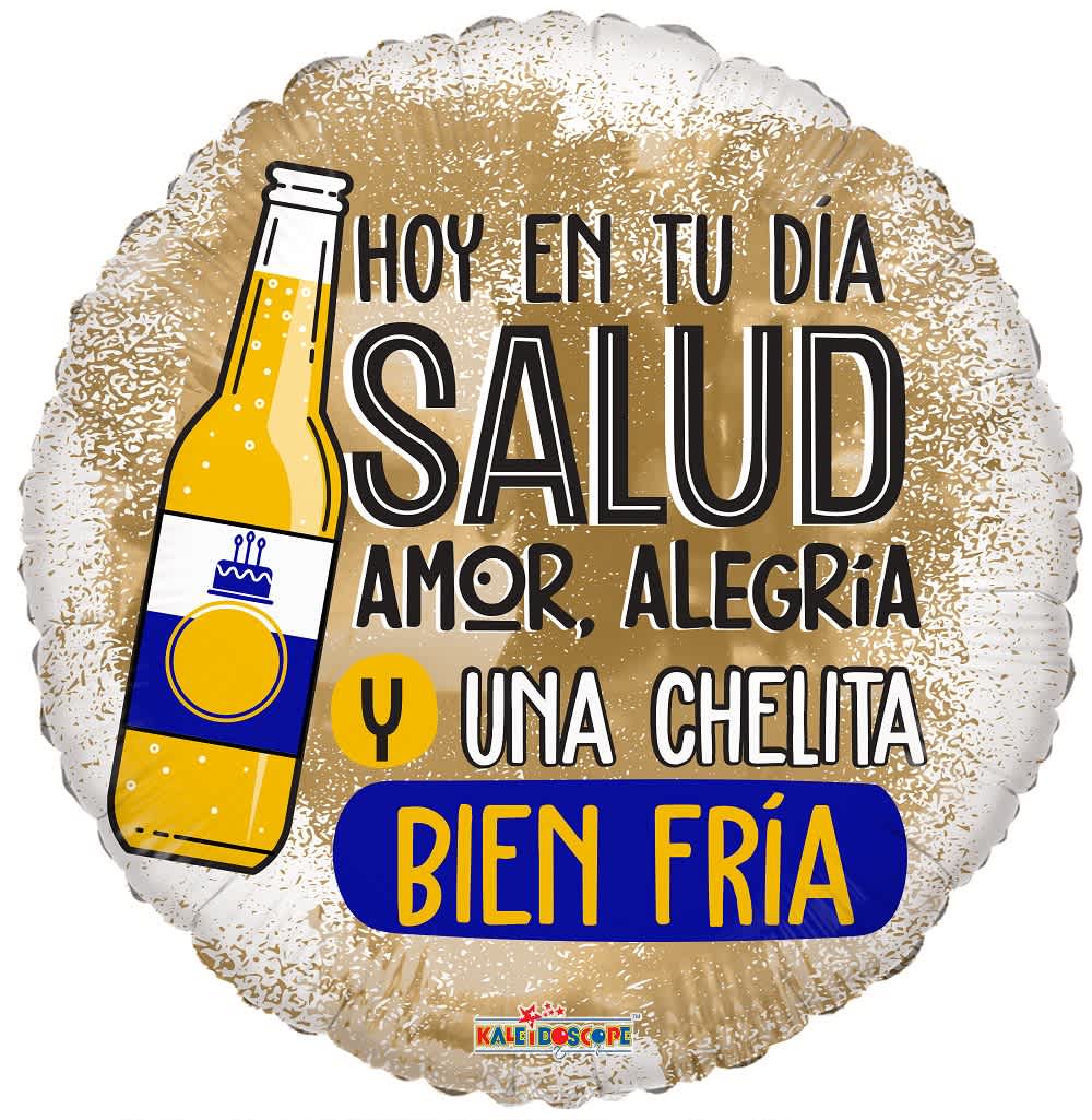 Round foil balloon with a beer bottle graphic and Spanish text