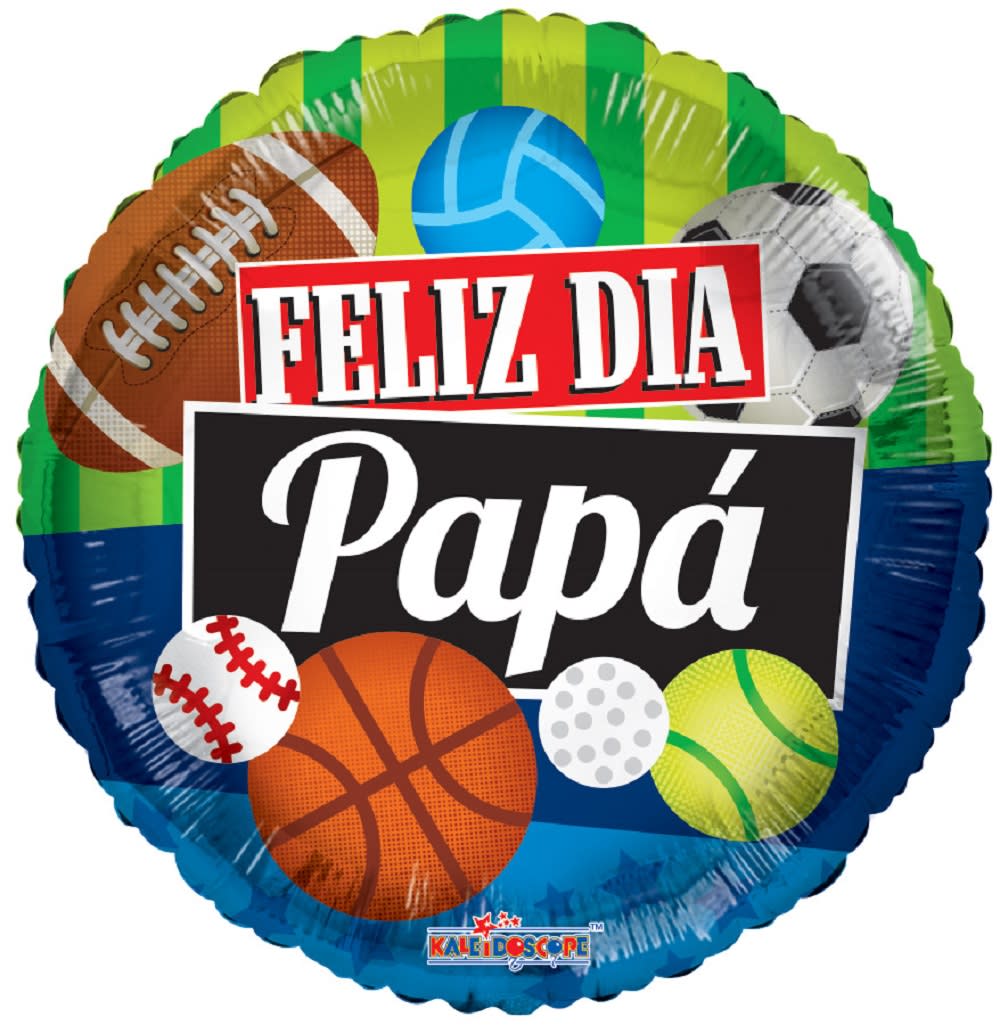 Round foil balloon with sports balls and "Feliz Dia Papá" text
