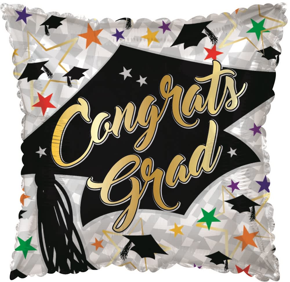 Square graduation balloon with "Congrats Grad" text and star patterns