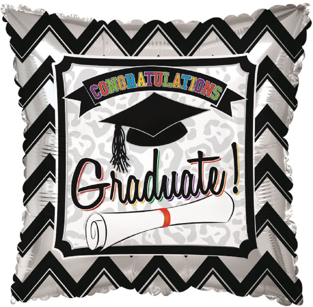 Square graduation balloon with a cap and diploma graphic