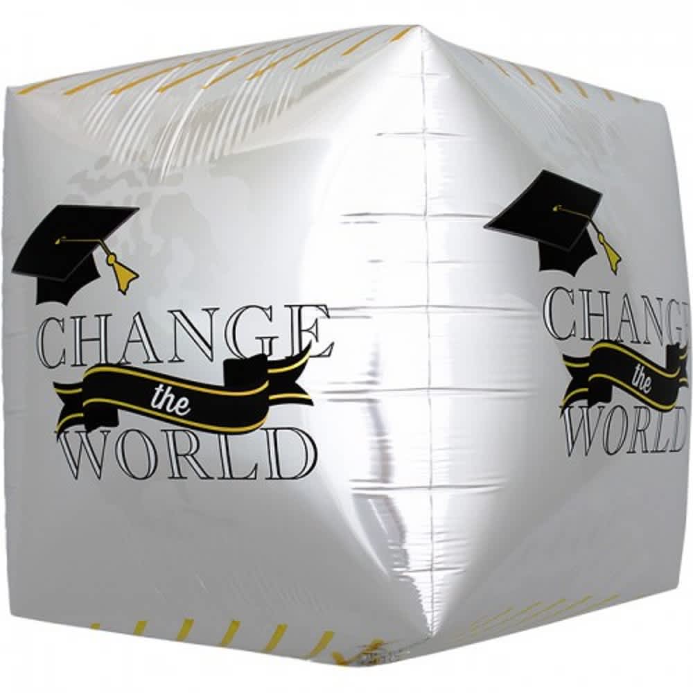 White graduation balloon with "Change the World" text