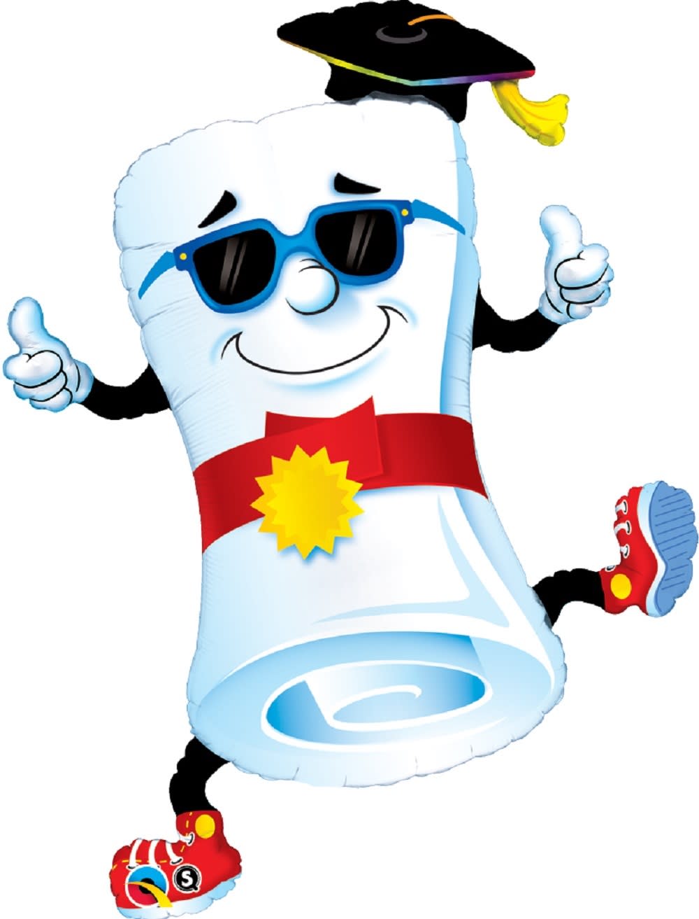 Cartoon graduation-themed balloon character with sunglasses and cap