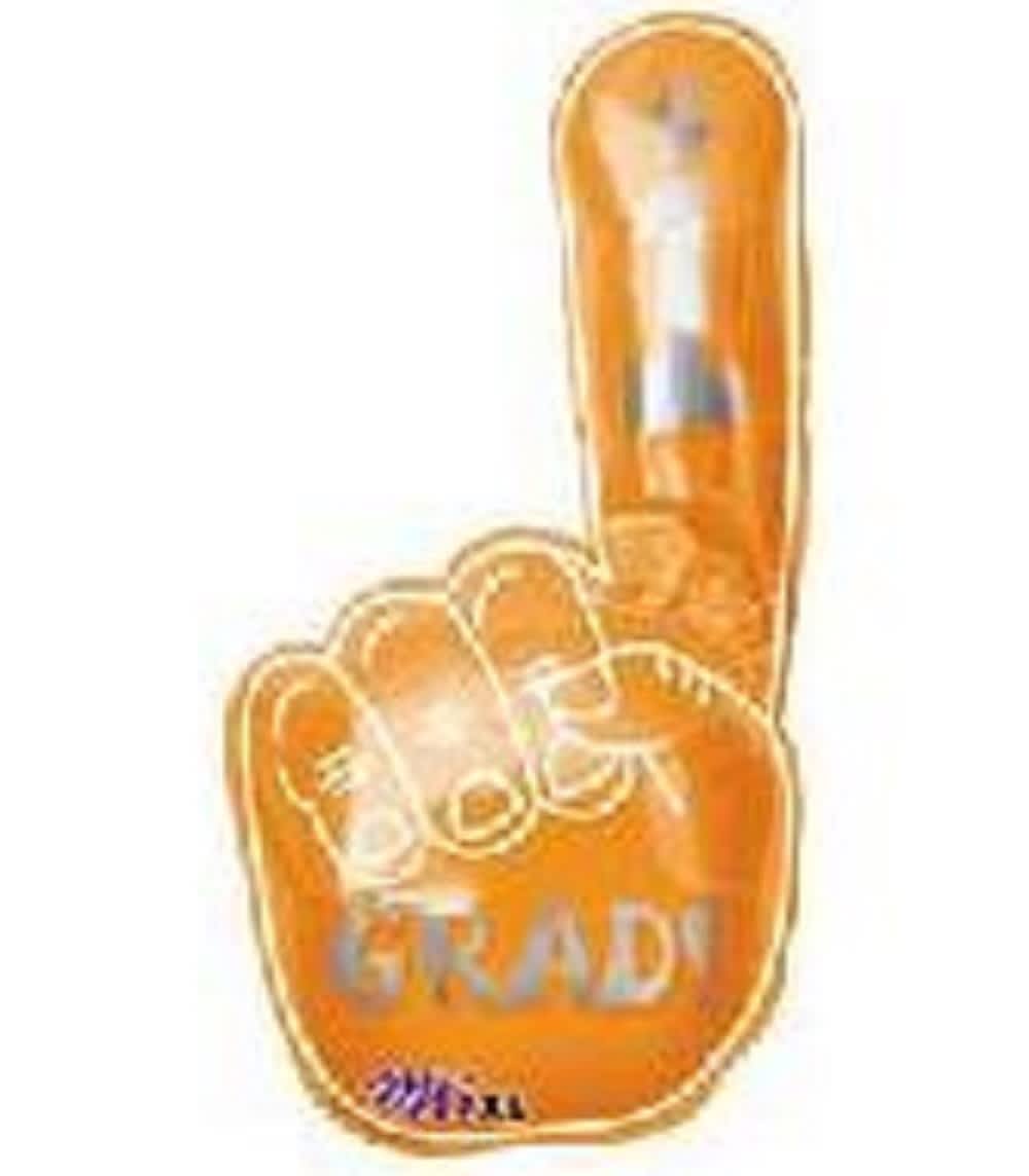 Orange foam finger balloon with the word GRAD