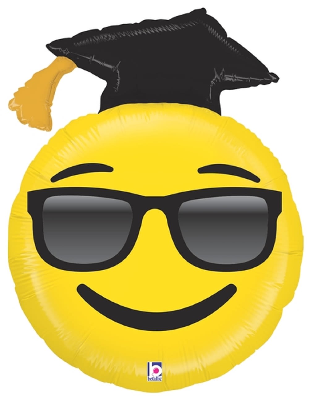 Yellow emoji graduation balloon with sunglasses and a mortarboard
