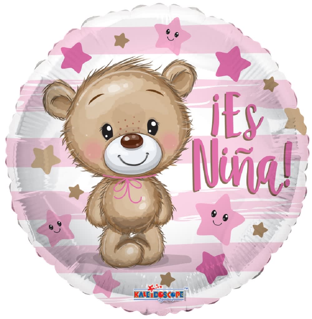Round pink and white balloon with a teddy bear and "it's Niña!" text