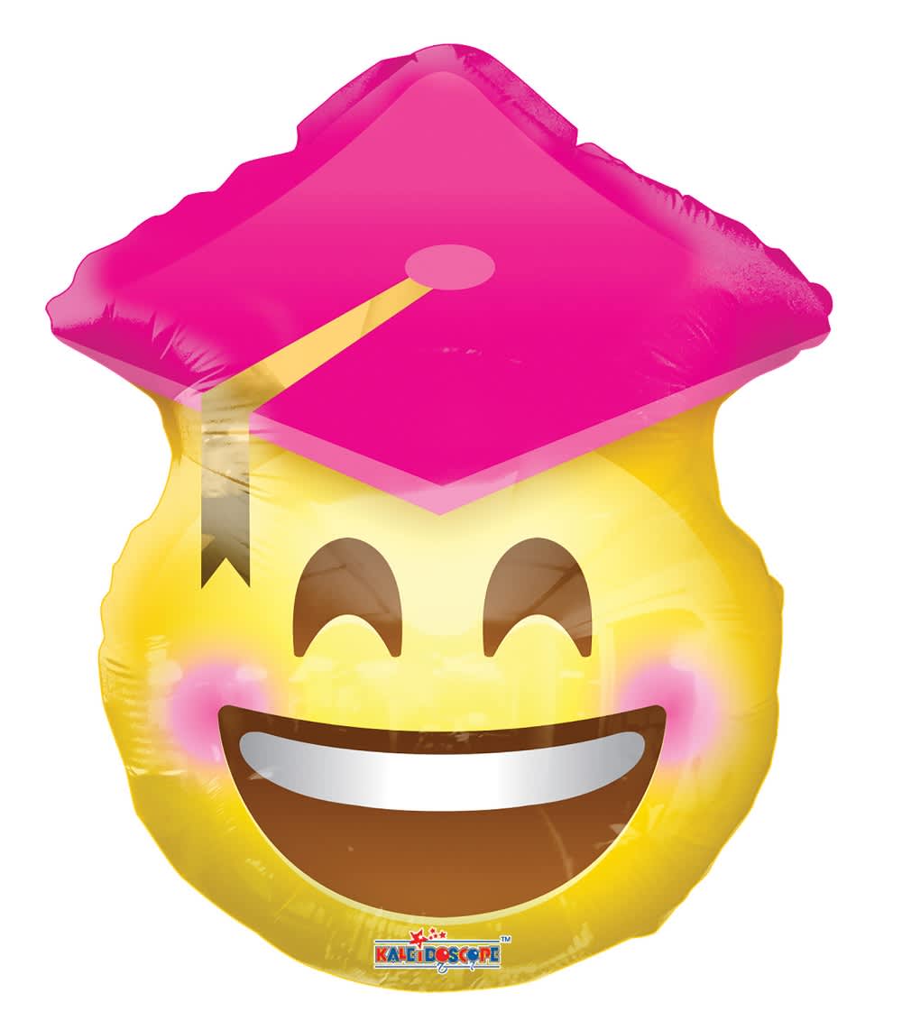 Smiling emoji balloon with a pink graduation cap