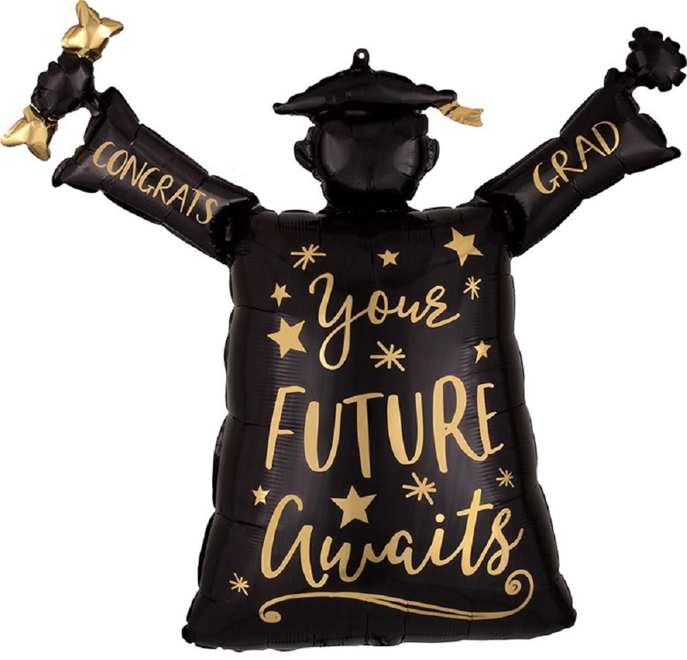Black graduation balloon shaped like a cap and gown with gold lettering.
