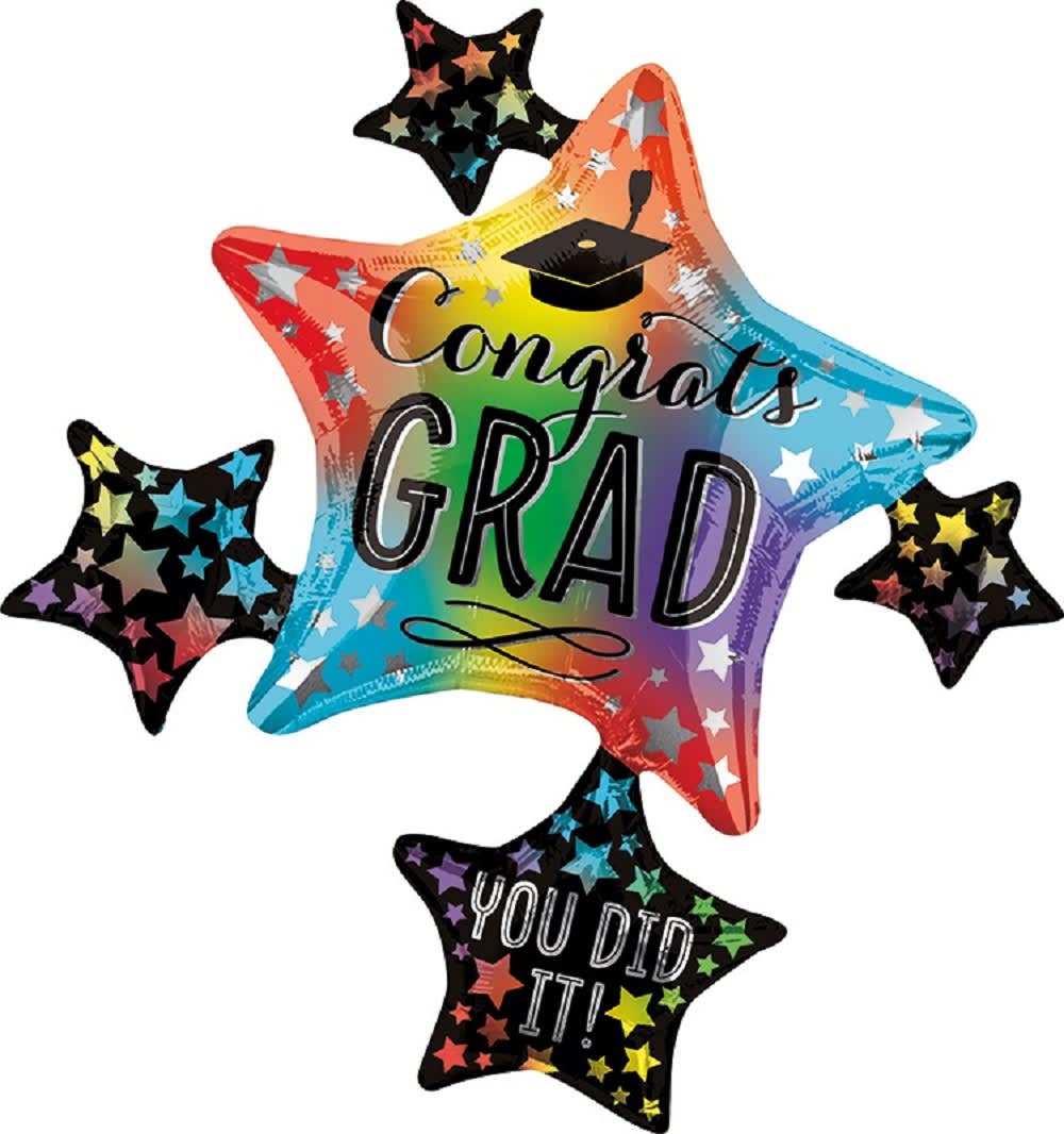 Graduation star balloons with rainbow colors and congratulatory text