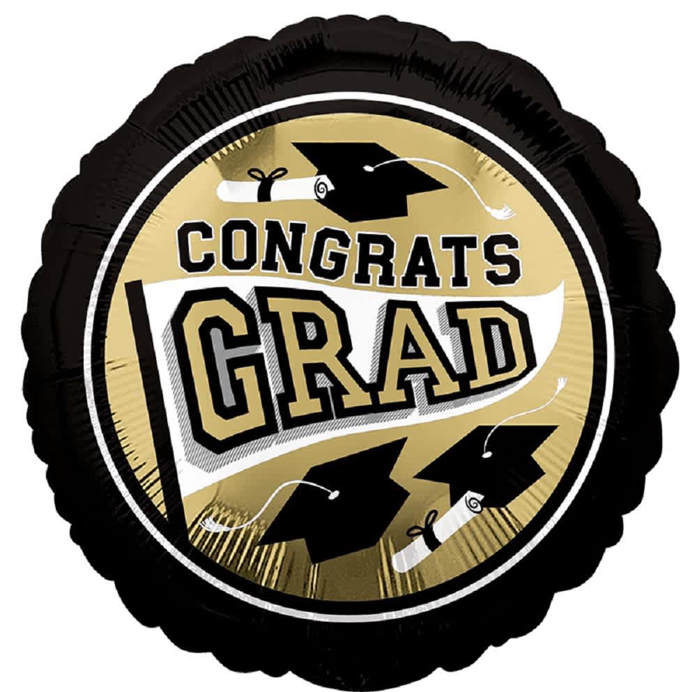 Round black and gold graduation balloon with "Congrats Grad" text