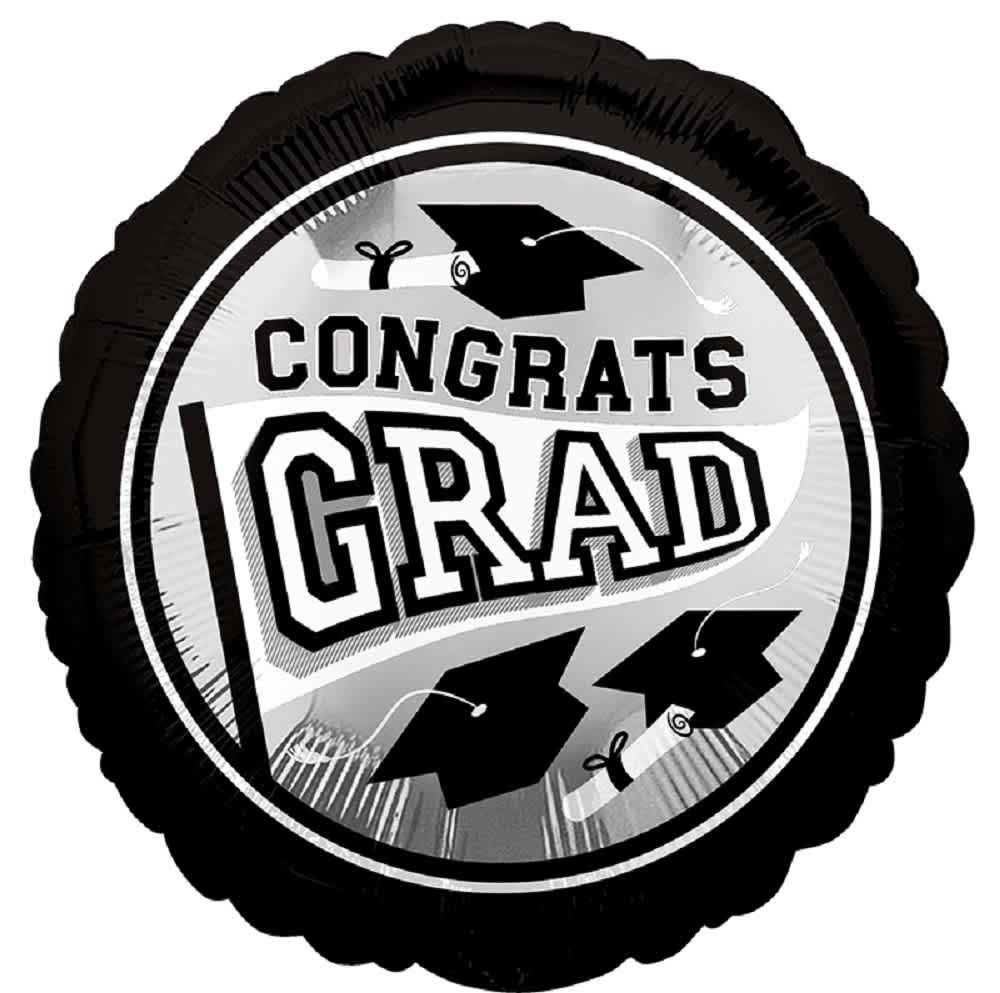 Round black and silver graduation balloon with "Congrats Grad" text