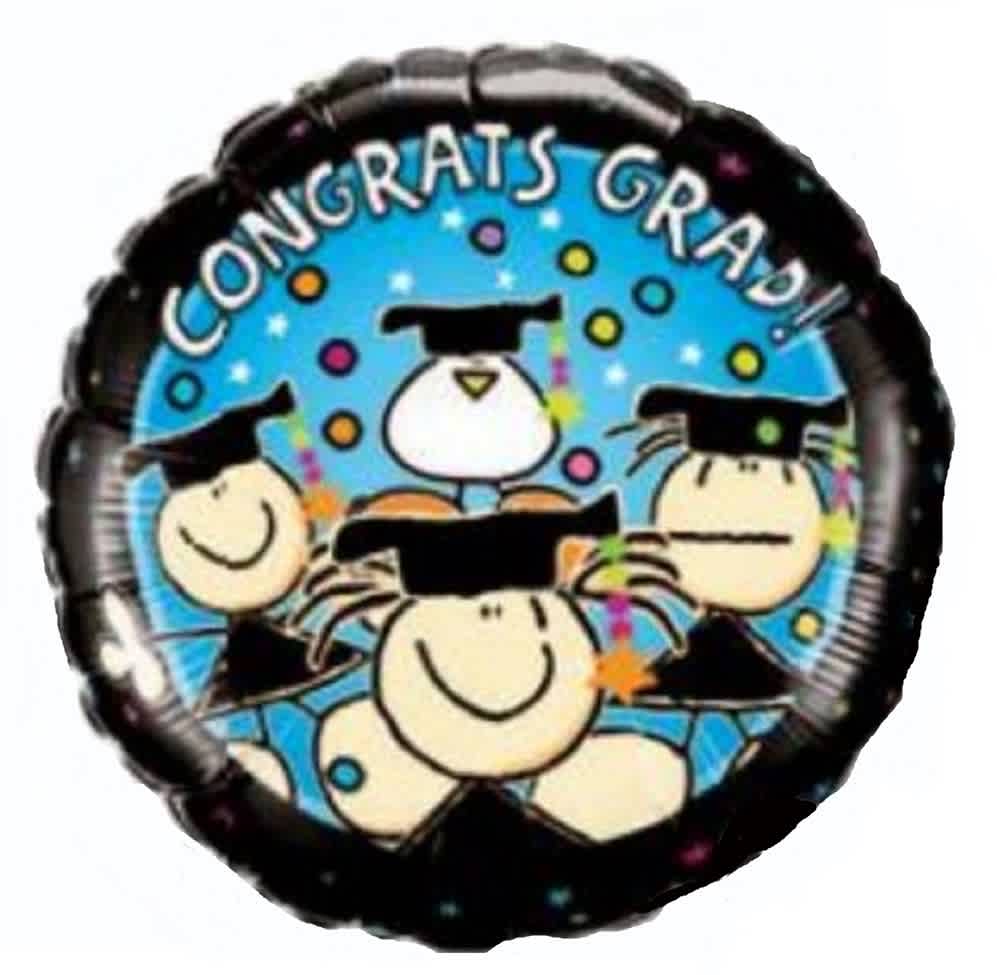 Round graduation balloon with cartoon graduates and "Congrats Grad!" text