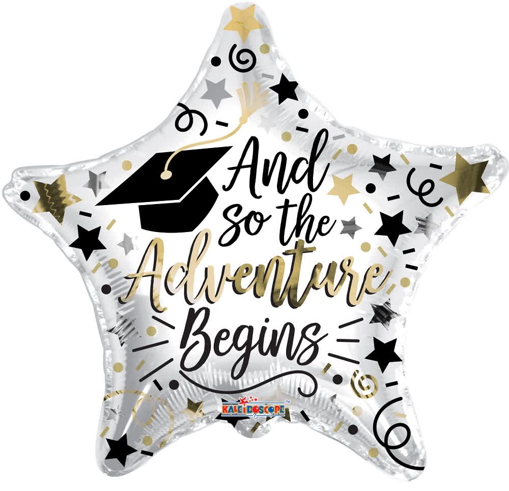 Star-shaped graduation balloon with the words "And so the Adventure Begins"