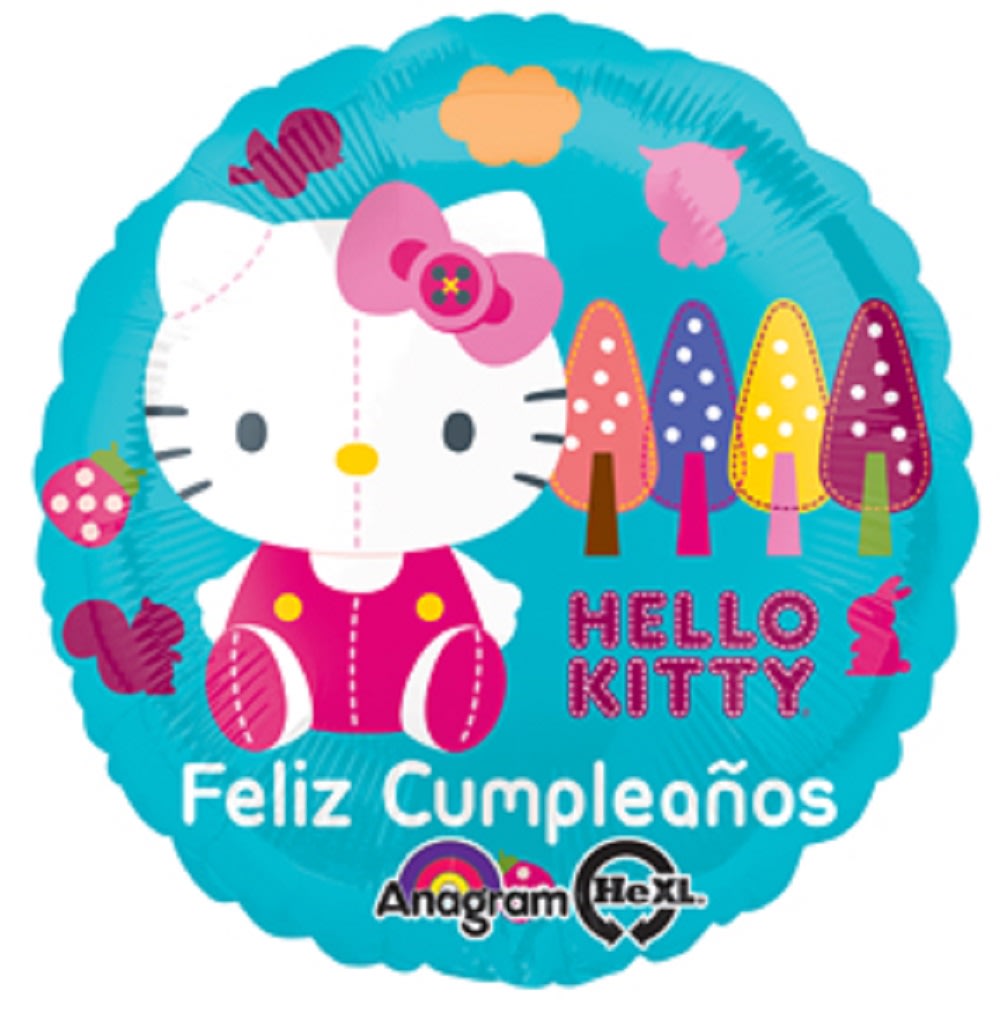 Hello Kitty birthday balloon with colorful trees and Spanish text