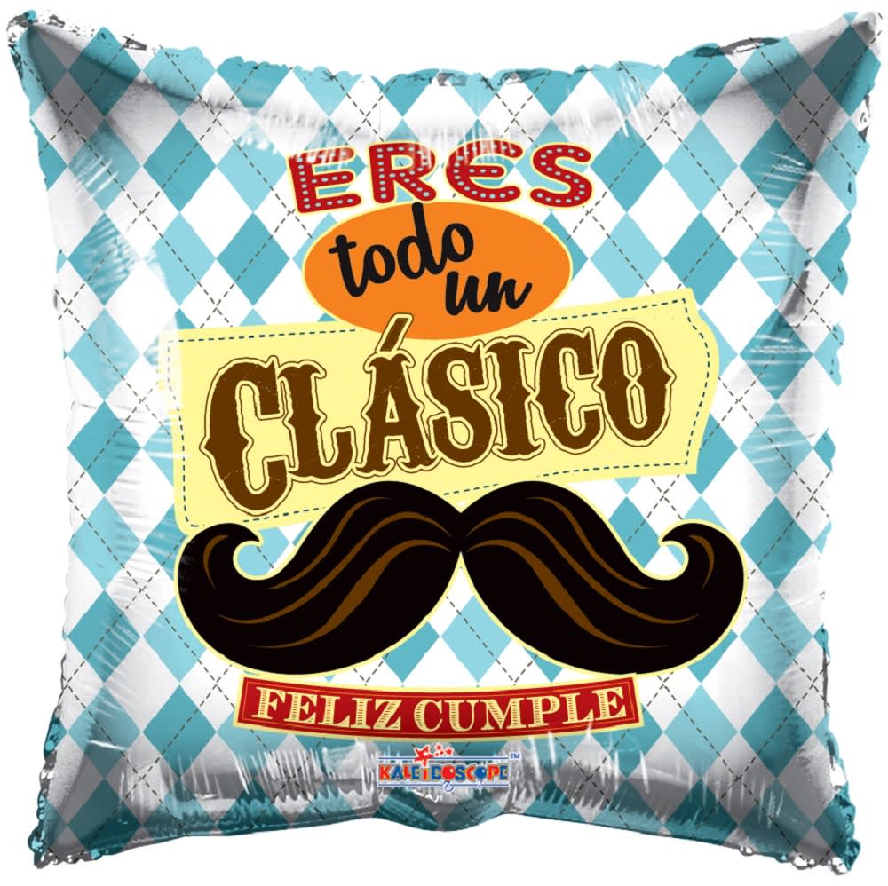 Decorative balloon with Spanish birthday text and a mustache graphic
