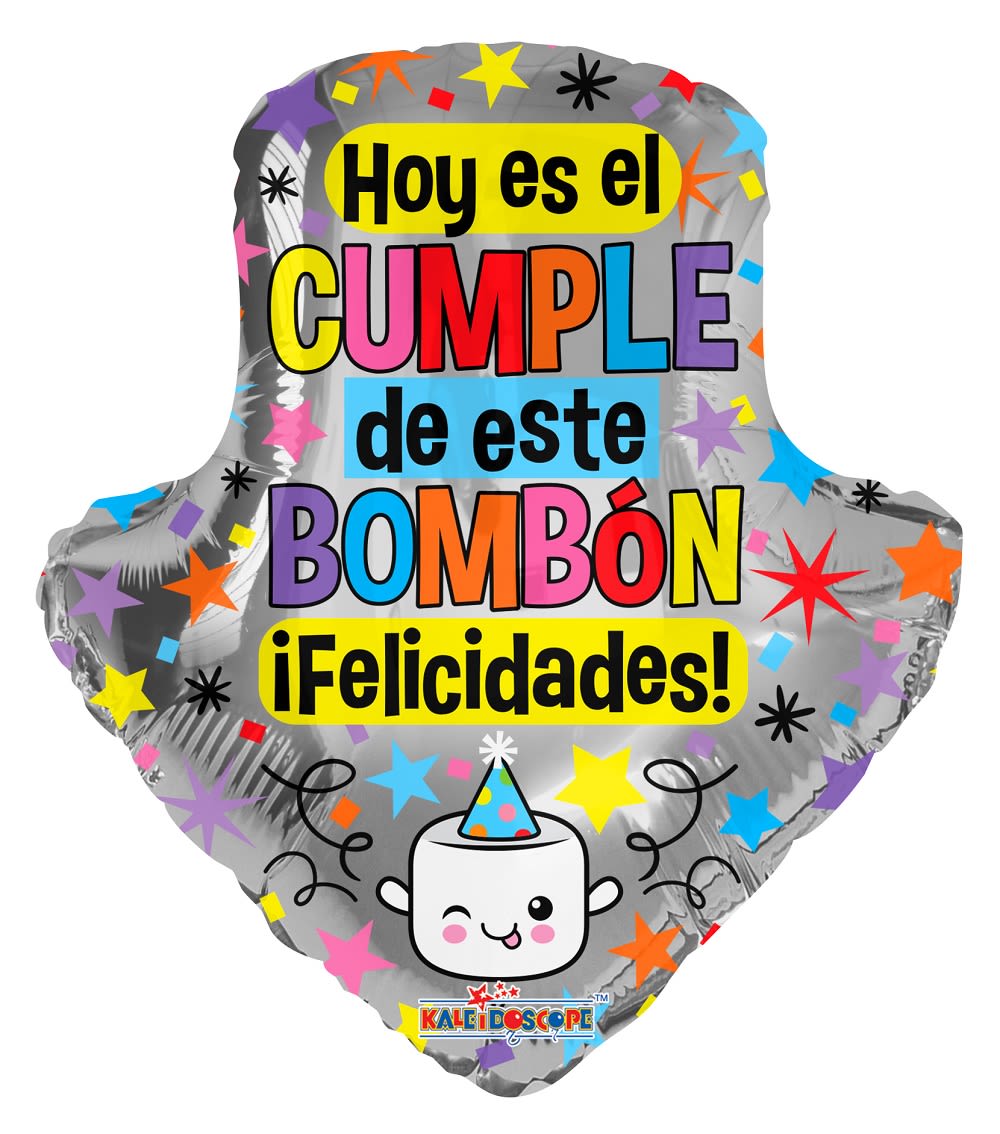 Heart-shaped birthday balloon with Spanish text and confetti graphics
