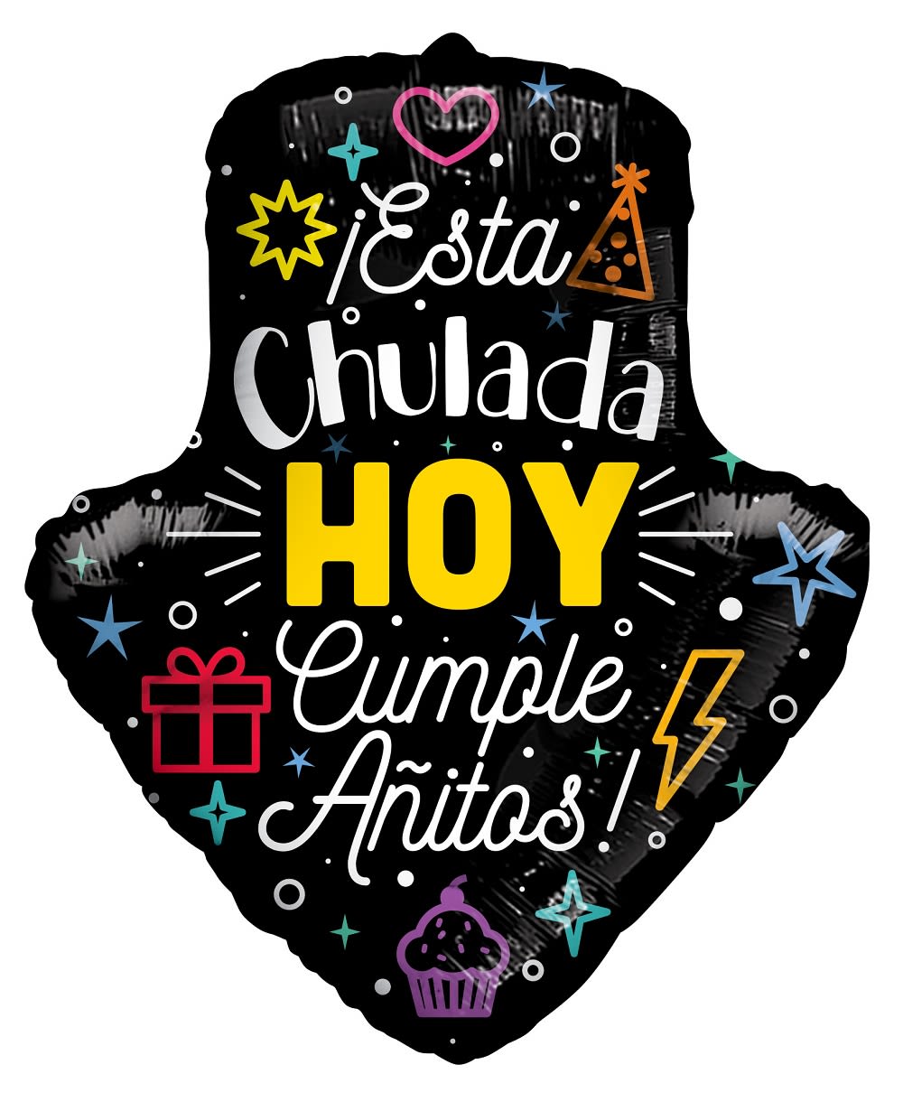Black heart-shaped balloon with colorful birthday text and icons