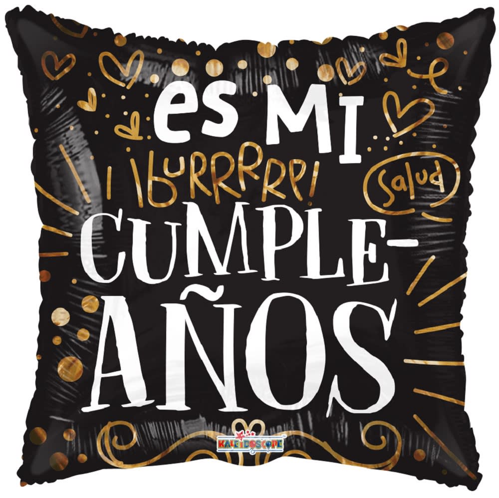 Black square balloon with gold accents and Spanish birthday text
