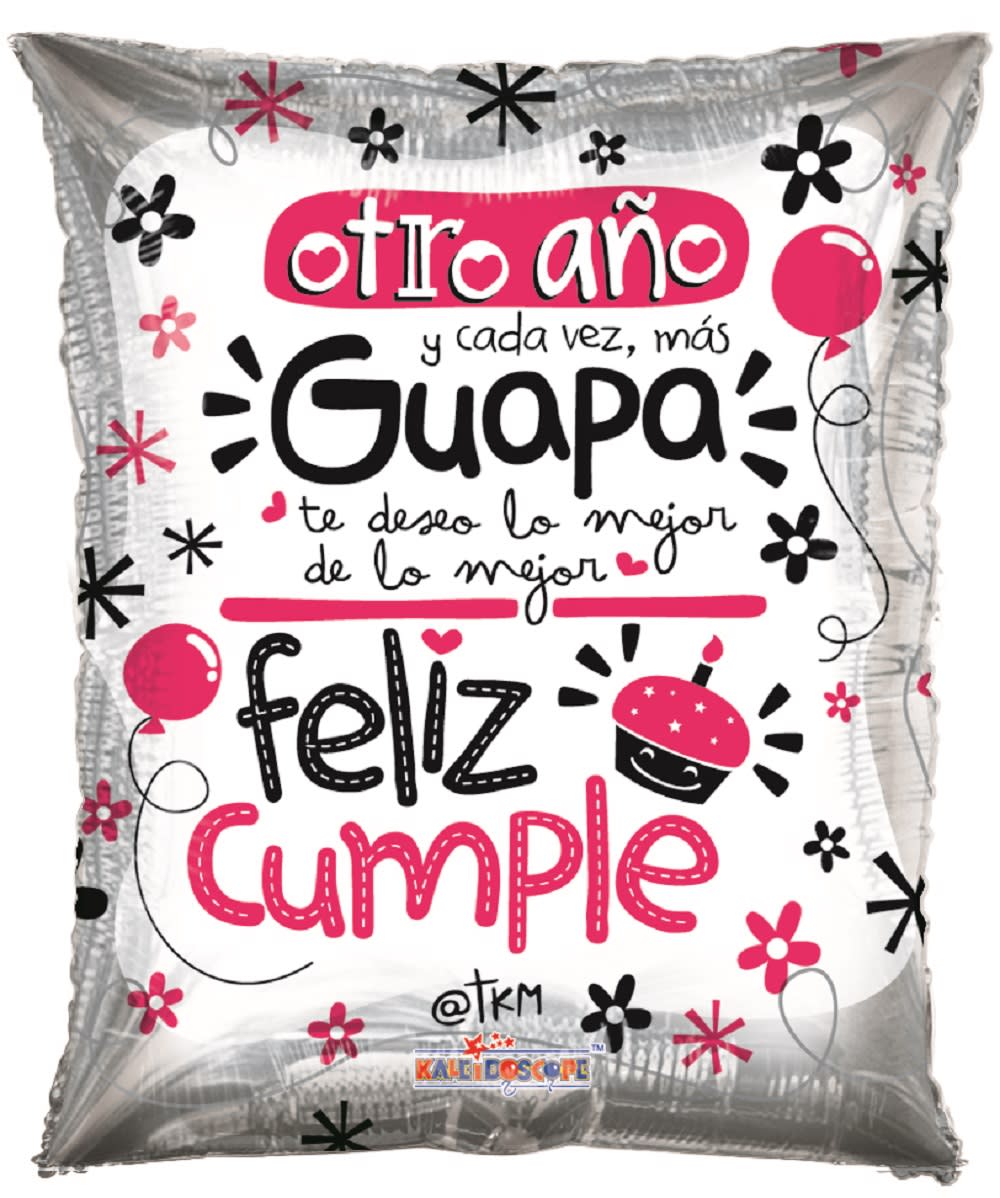 Silver balloon pillow with Spanish birthday message in pink and black