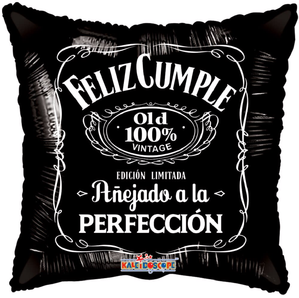 Black square balloon pillow with white Spanish text and decorative border