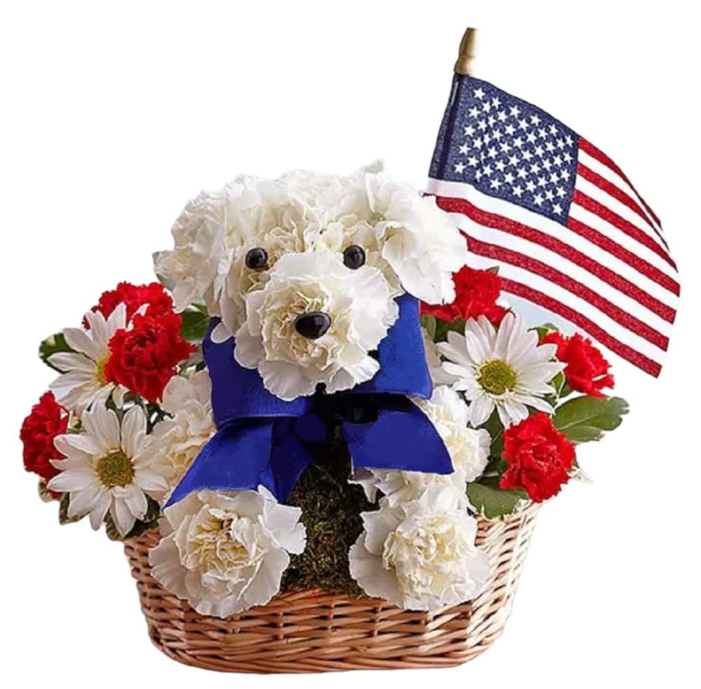 Flower basket with a white dog figure and an American flag