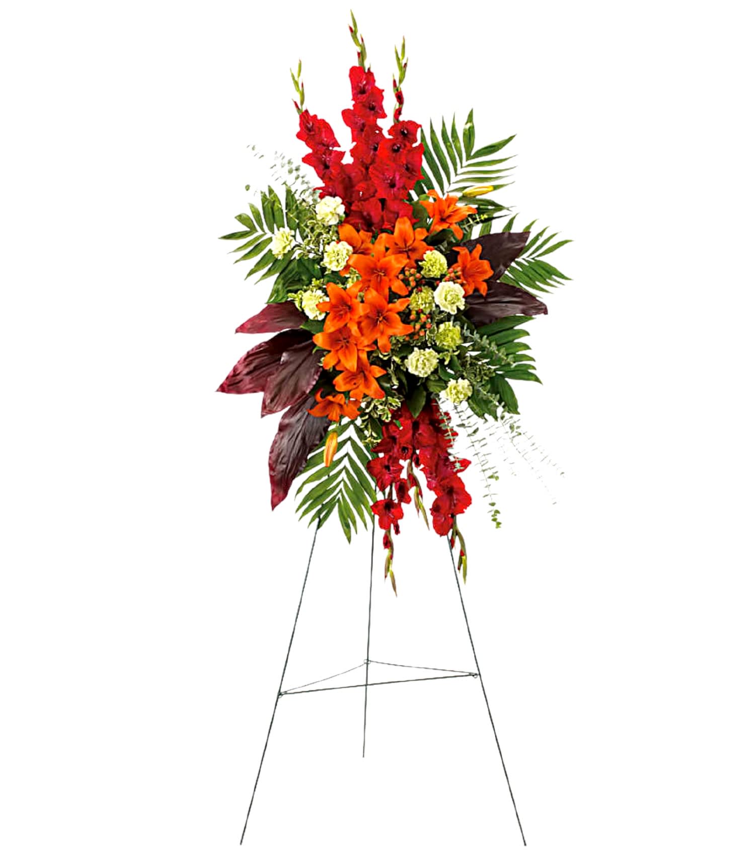 Tall standing floral spray with red and orange flowers on an easel