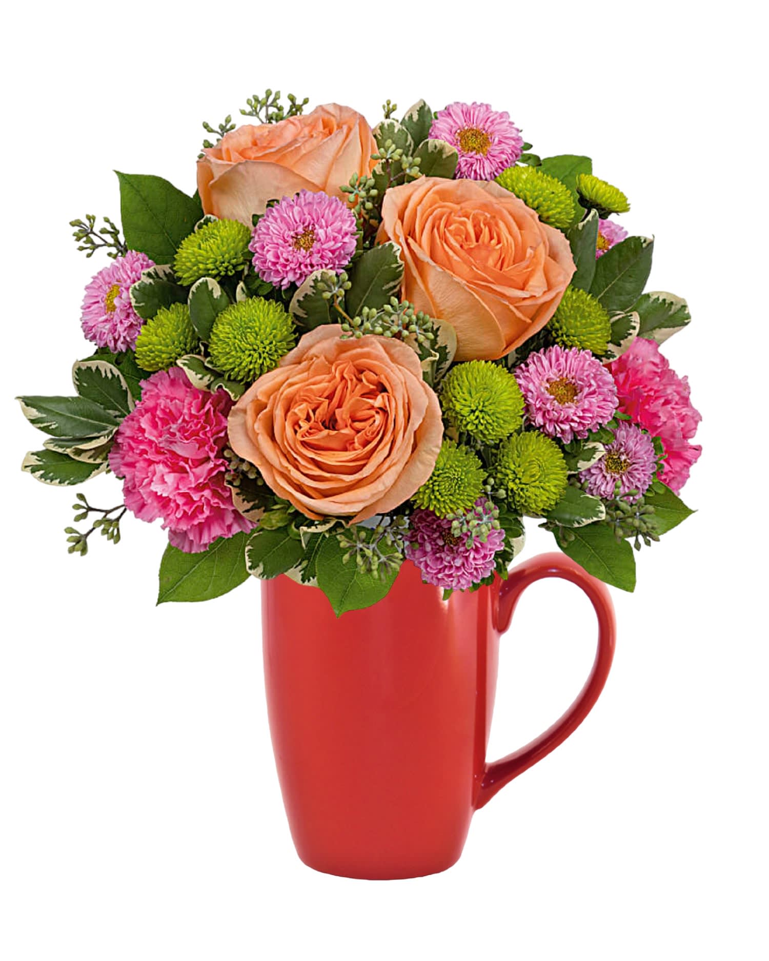 Peach roses and pink flowers arranged in a red mug
