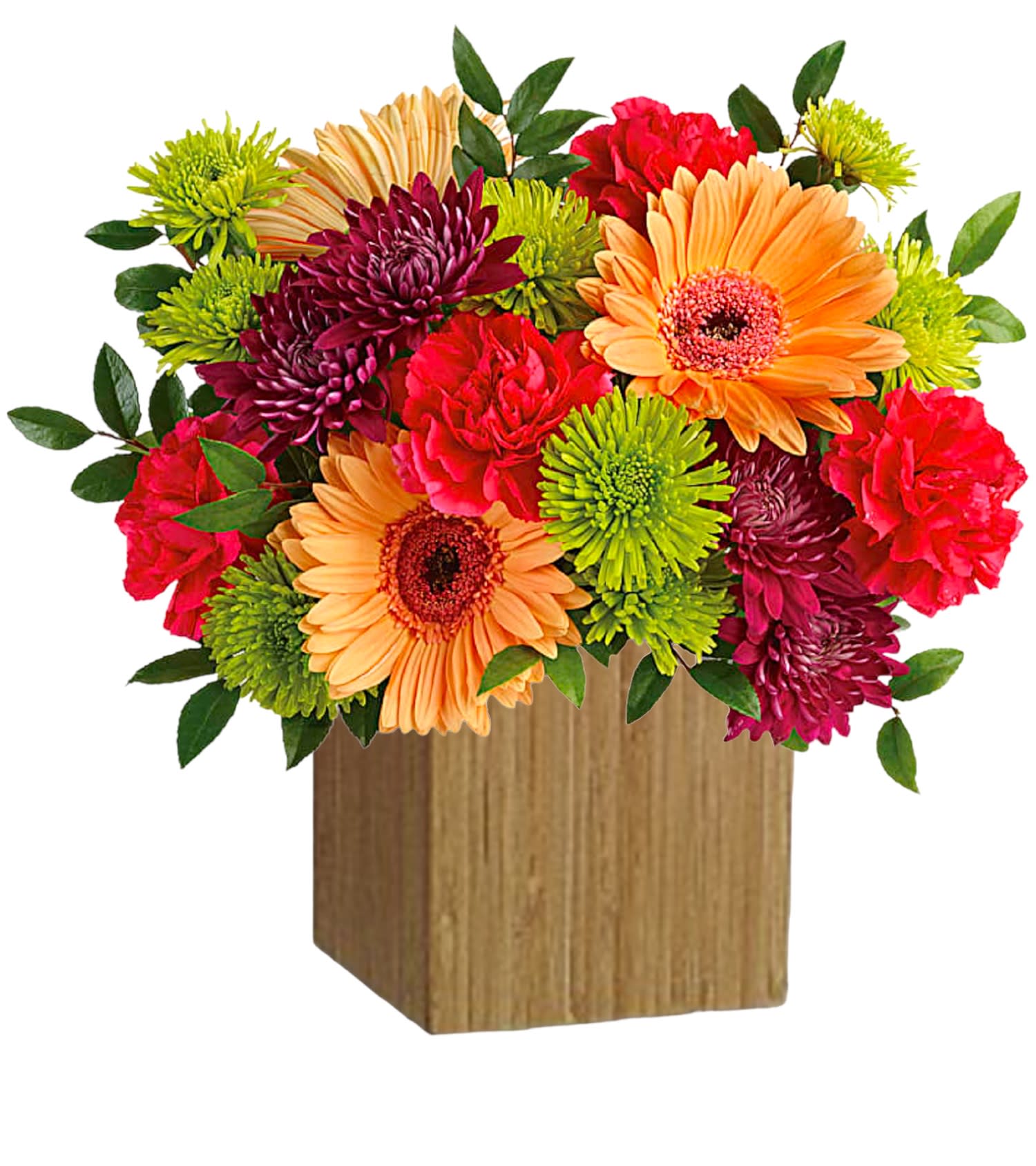 Colorful mixed bouquet in a wooden cube vase