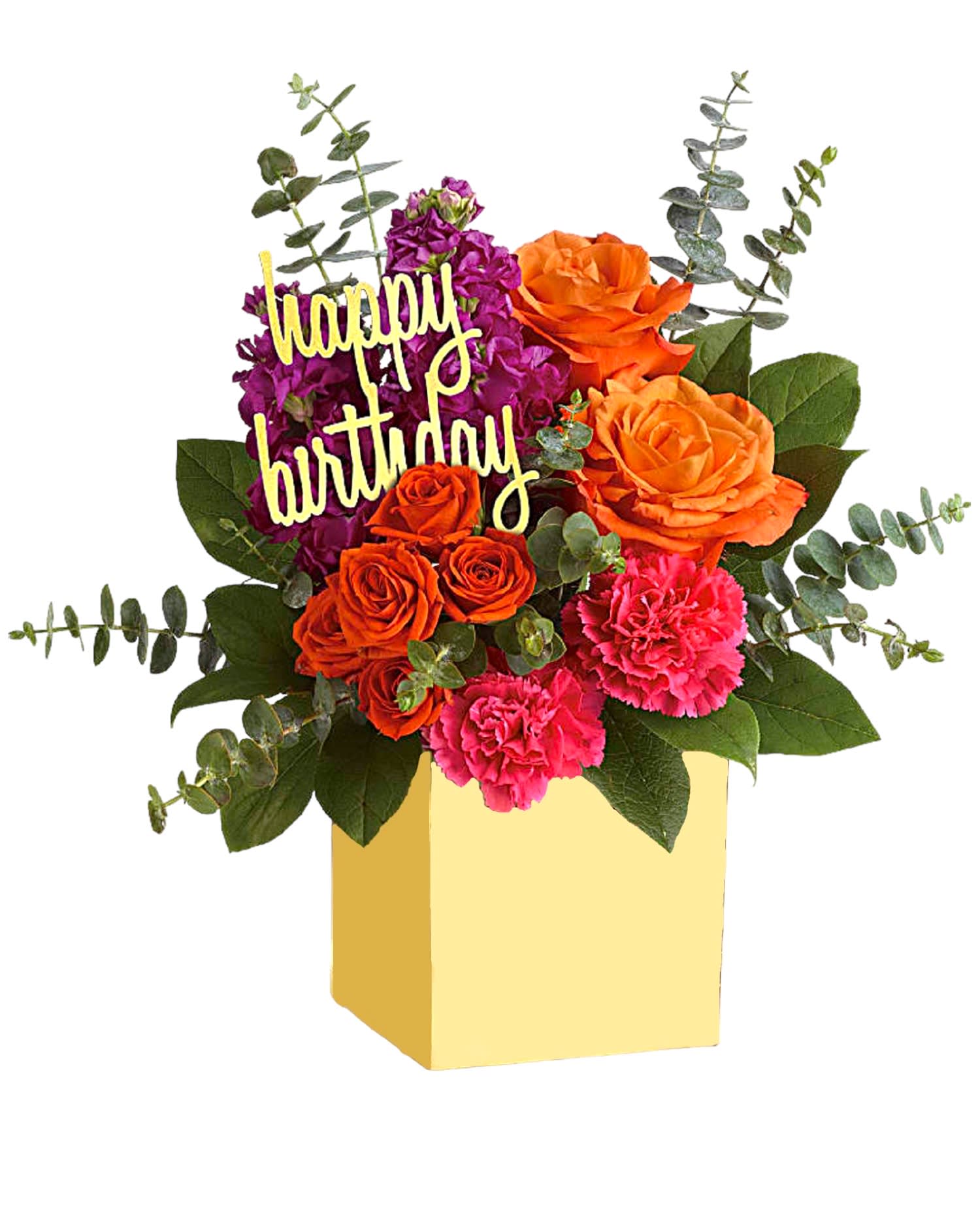 Birthday flower arrangement in a yellow box with roses and carnations