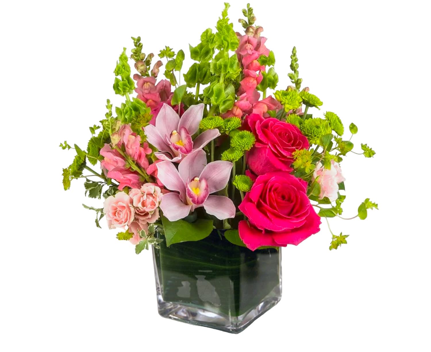 Take Me Away - Escape to paradise with this lush and vibrant flower arrangement.  This is the perfect gift for a birthday, congratulations, or to celebrate new beginnings.   DETAILS This arrangement contains Cymbidium Orchids, Bells of Ireland, Snapdragon, Roses, and Button Mums.  VASE INCLUDED Orientation: One-Sided Item #NF-304  FLORIST-TO-DOOR Same day flower delivery on most orders placed online by 12 pm or 10 am on weekends PST.  BLOOM DETAILS Roses Cymbidium Orchids Bells of Ireland Snapdragon Button Mums Seasonal Filler Greenery  The Standard Arrangement is approx. 16" H x 13" L x 13" W.  The Deluxe Arrangement is approx. 17" H x 14" L x 14" W. The Premium Arrangement is approx. 18" H x 15" L x 15" W.  How to place an order? 1. You can place an order directly on this secure website OR 2. You can call in your order by dialing: (323) 262 - 9238 OR 3. You can visit our store (appointment recommended 323.262.9238)  NINFA'S FLOWERS 2405 WHITTIER BLVD. LOS ANGELES, CA. 90023  ATTENTION: *Please note that on busy holidays, Valentine's Day, and Mother's Day, we cannot verify if the recipient received the flowers until the following day. You can verify delivery on the website after 10:00 pm, call 323.262.9238 the following day after 10:00 am, or contact the recipient directly. Thank you for your patience and understanding. 