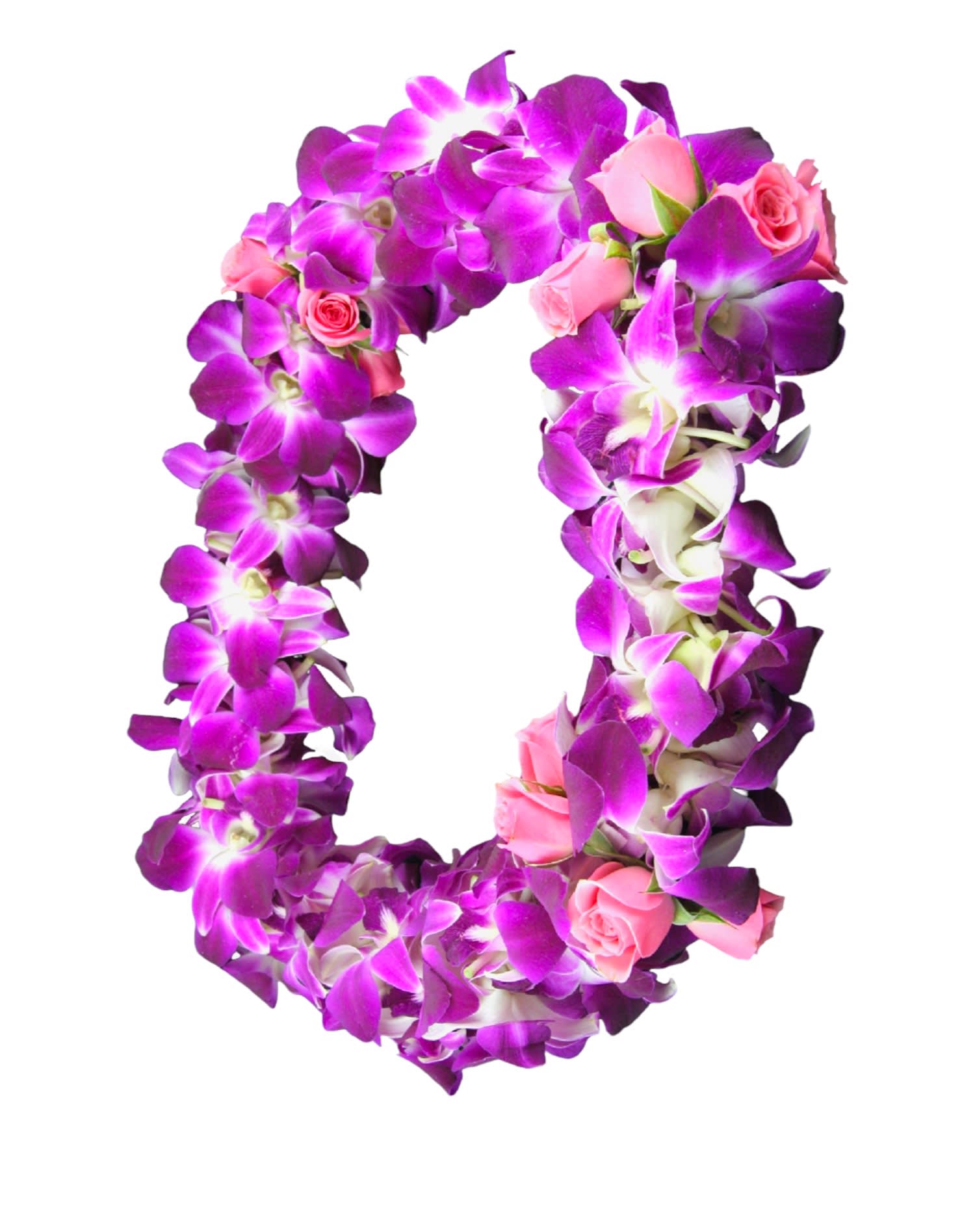 Purple orchid and pink rose floral lei on a white background