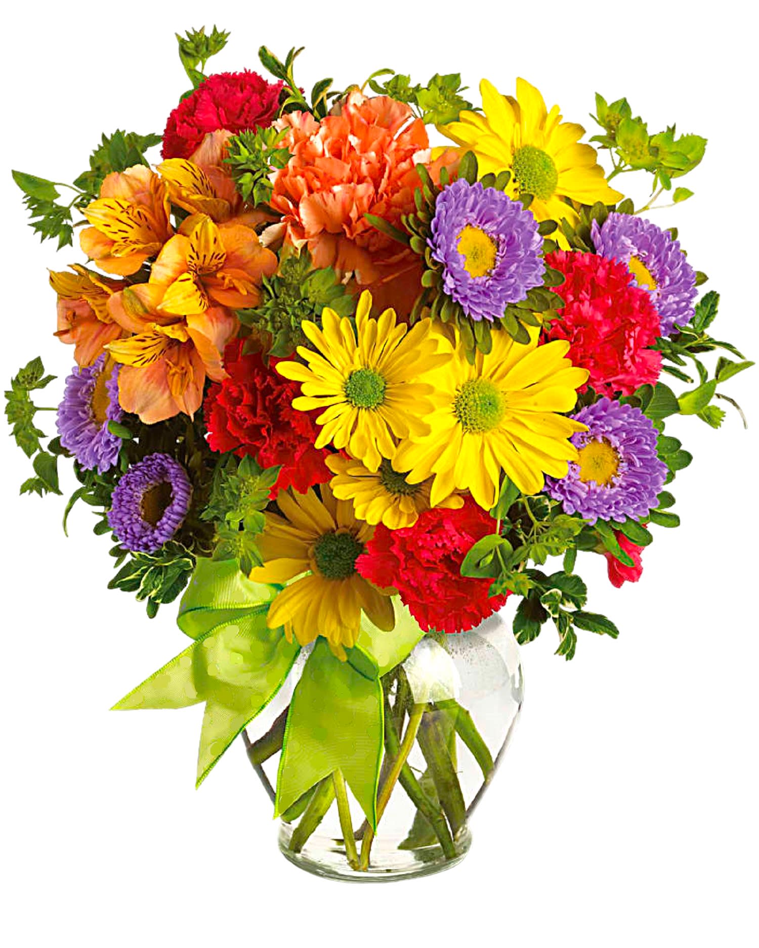 Colorful mixed bouquet in a clear glass vase with a green ribbon