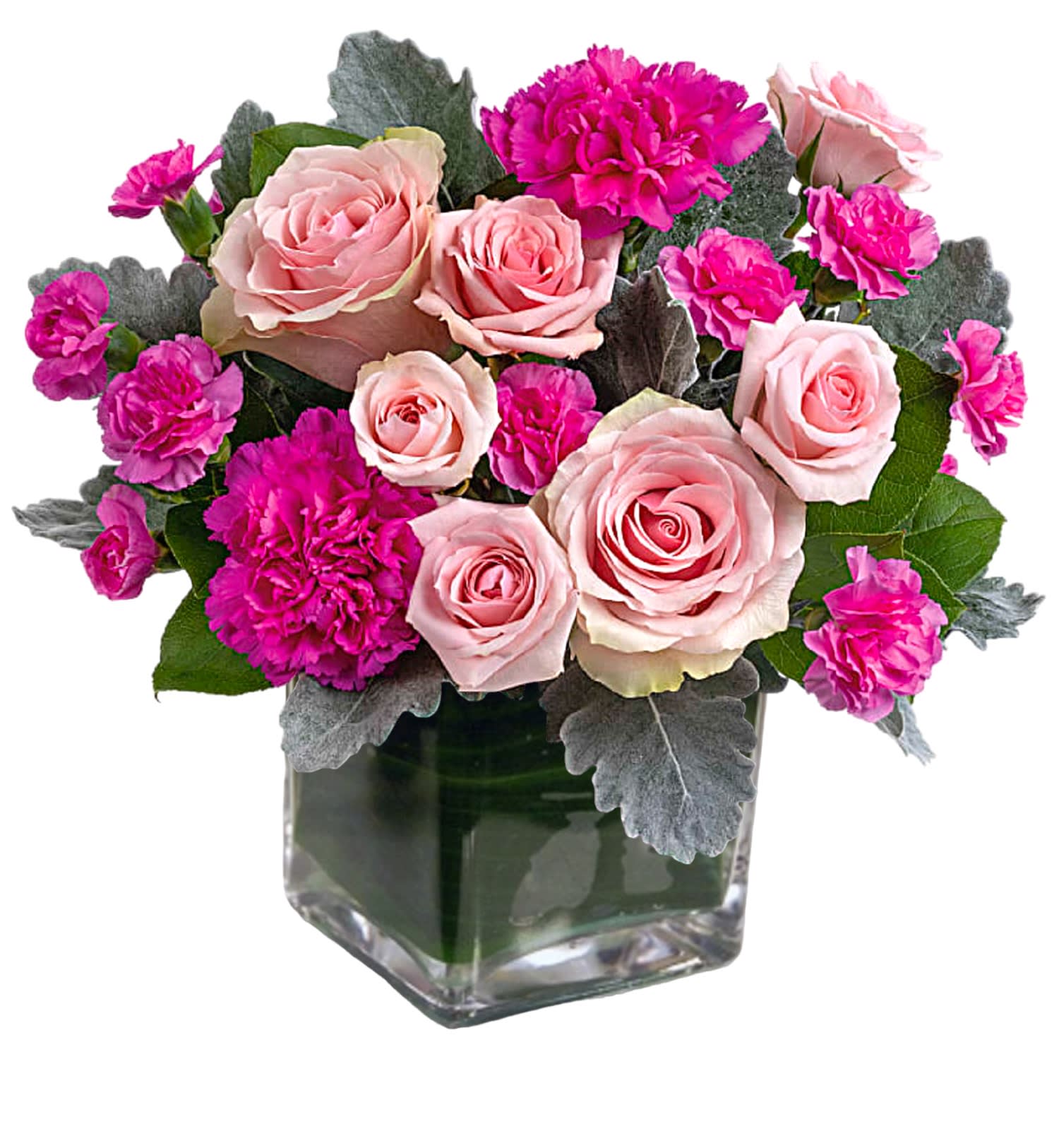 Pink roses and magenta carnations in a square glass vase