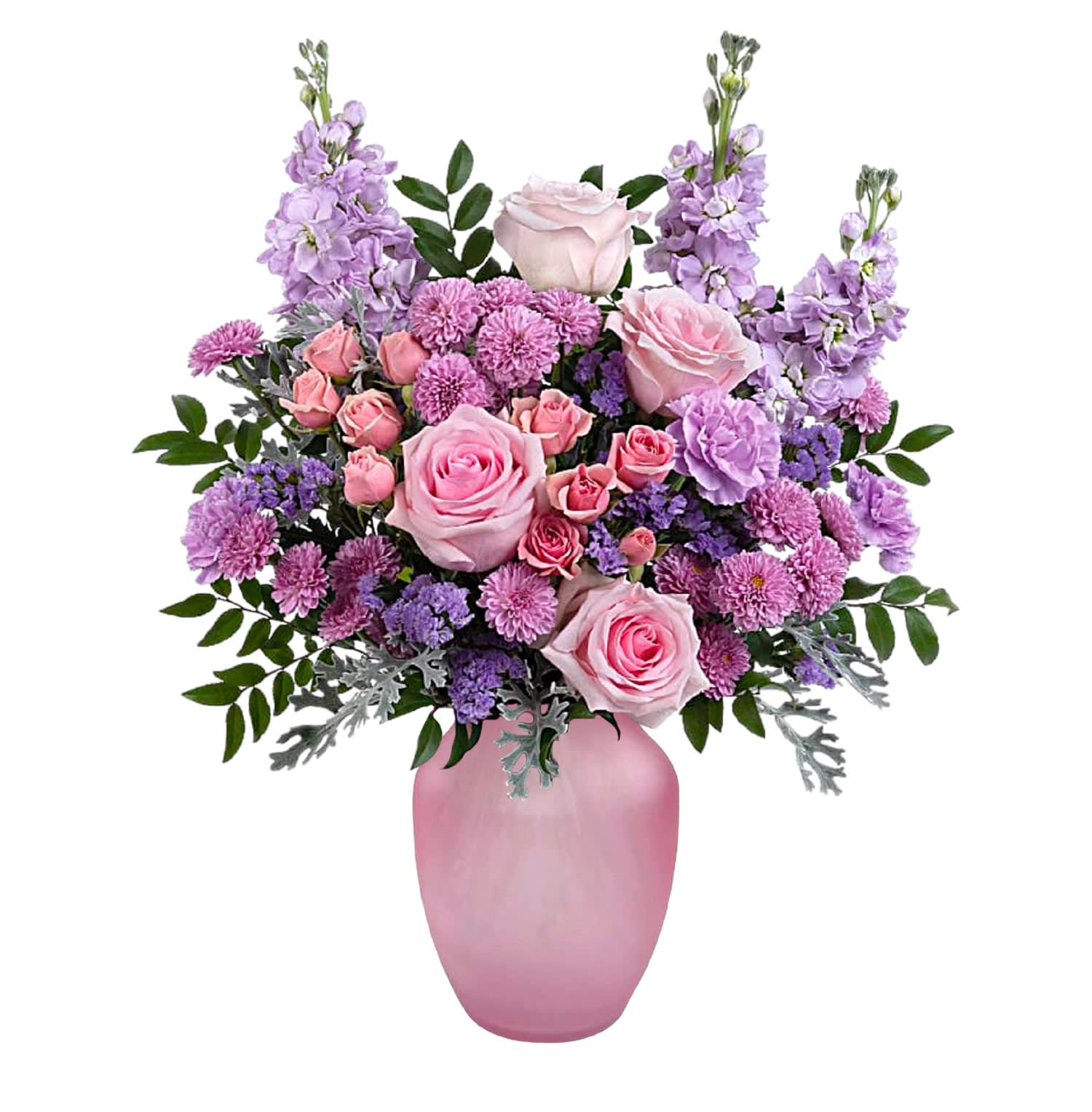 Pink and lavender flower arrangement in a pink vase