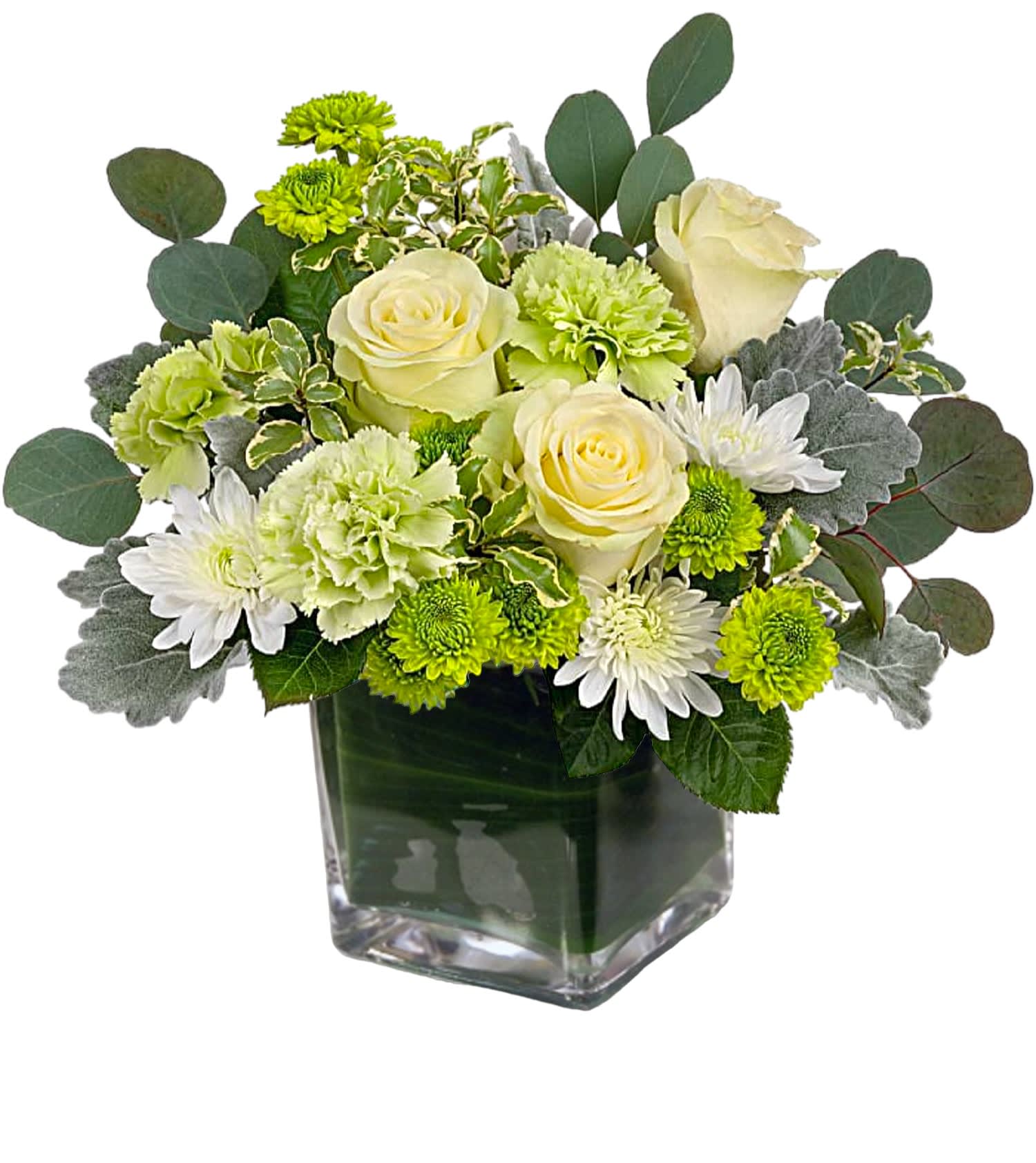 Cream roses and green-white mums in a square glass vase