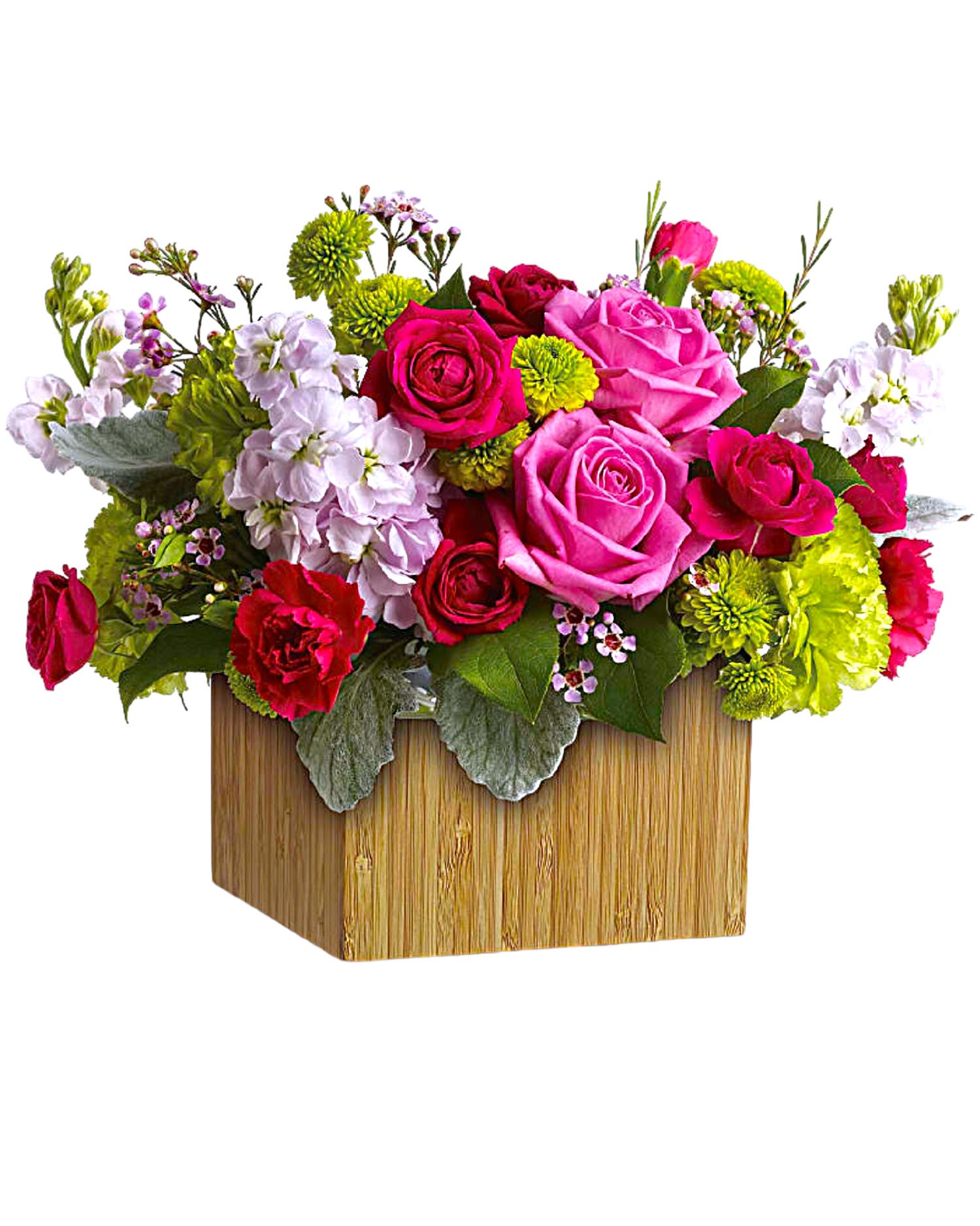 Bright mixed flower arrangement in a square wooden box