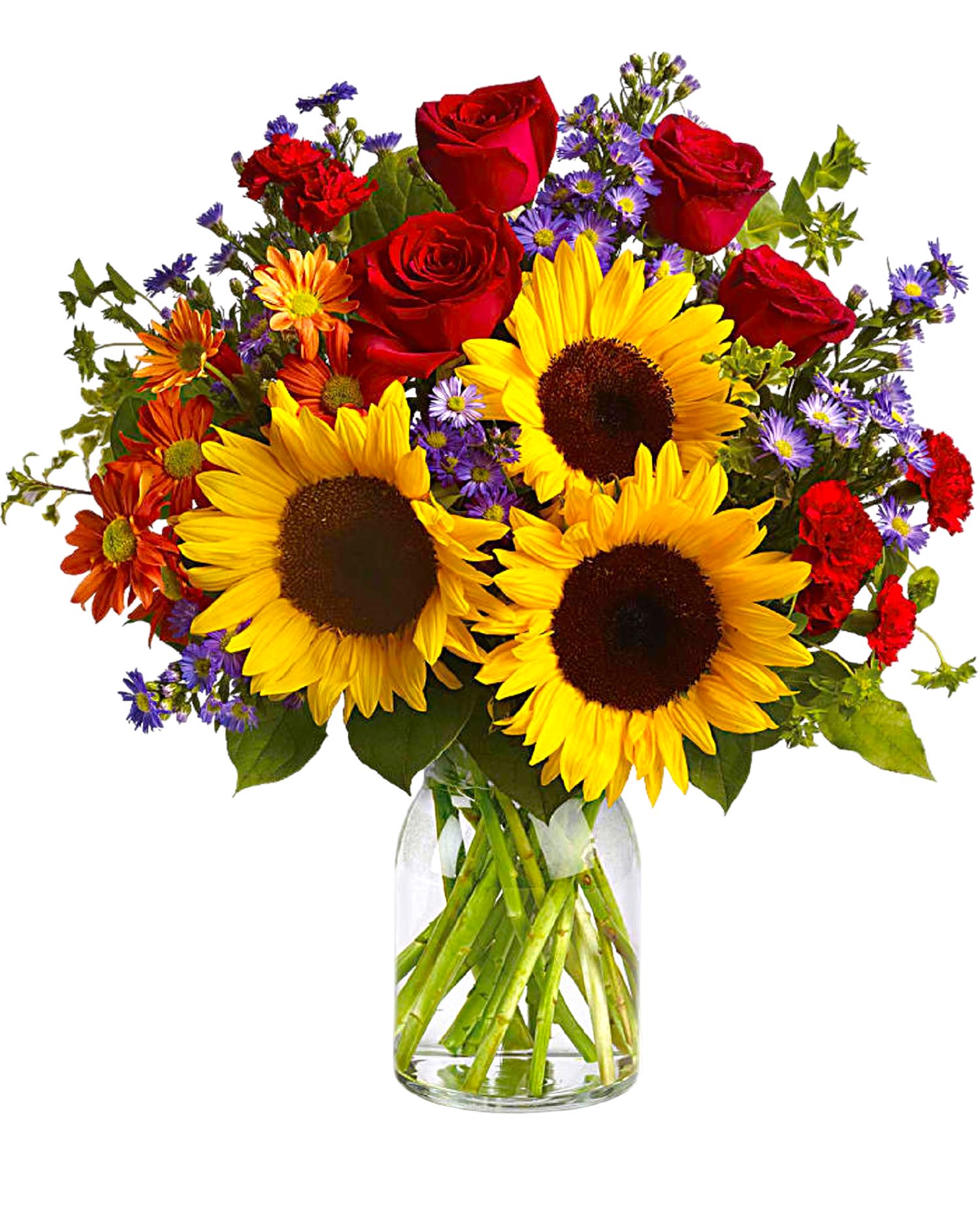 Bouquet of sunflowers, red roses, and purple daisies in a glass vase