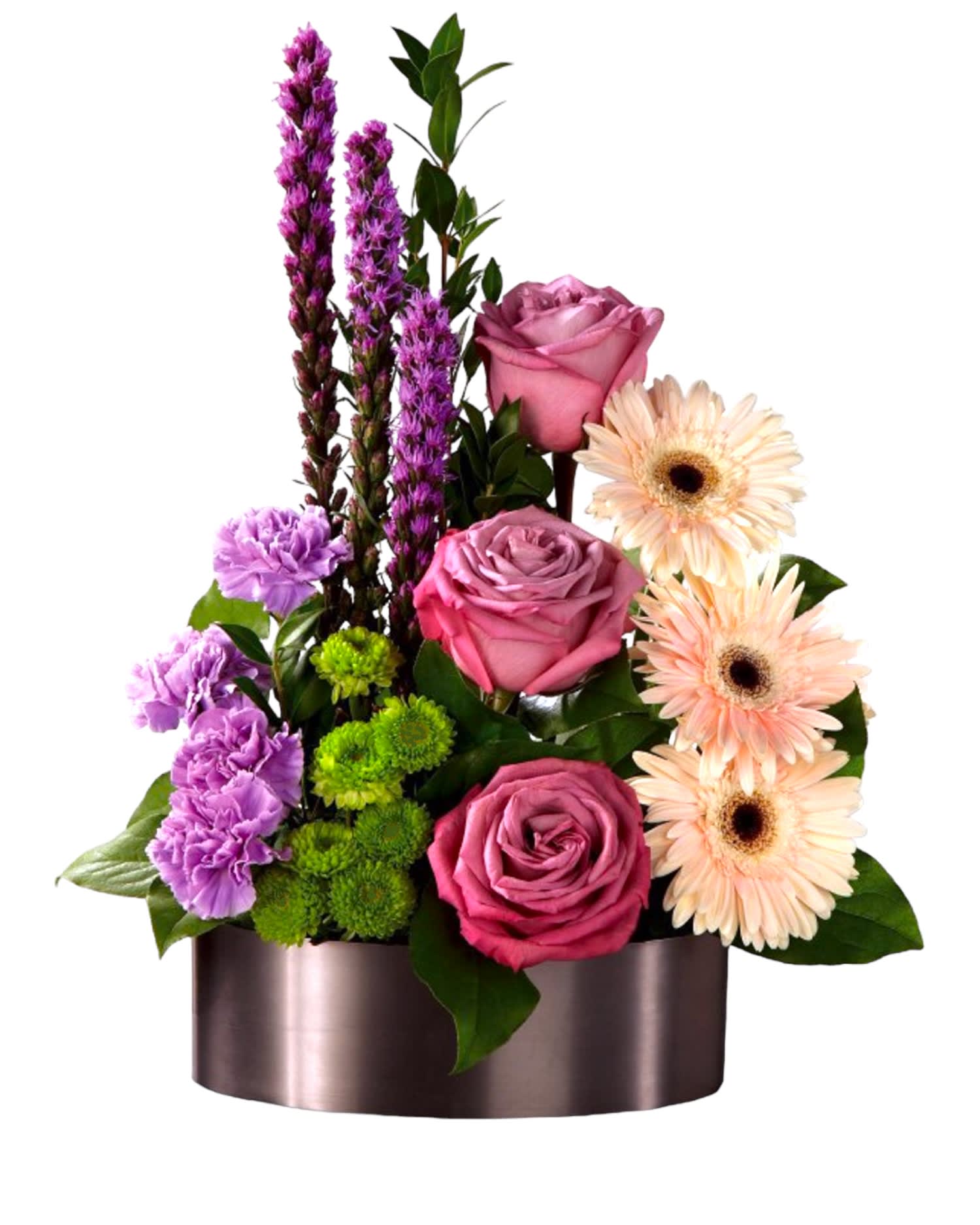 Pink roses and gerbera daisies in a metallic container