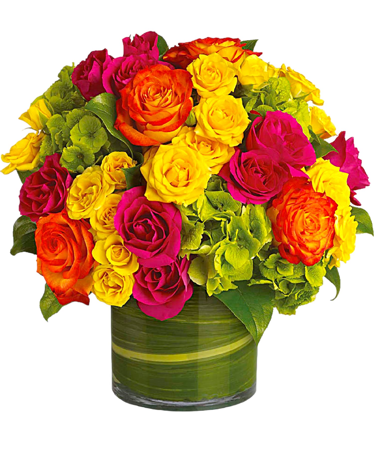 Bright mixed roses in a green glass vase