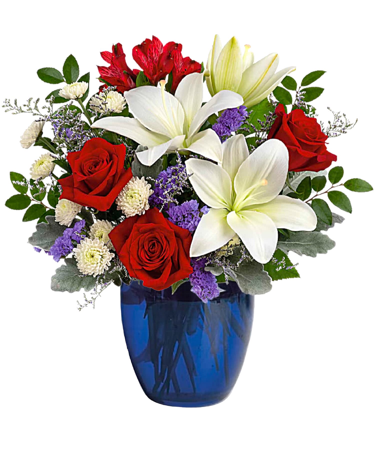Red roses and white lilies in a blue glass vase