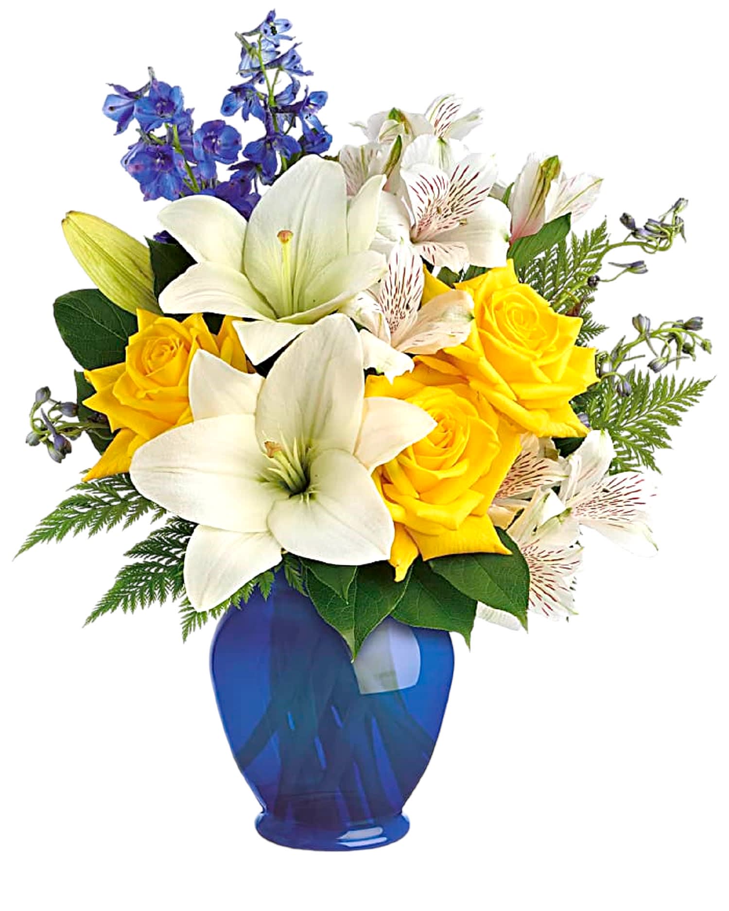 Yellow roses and white lilies in a blue vase with blue flowers